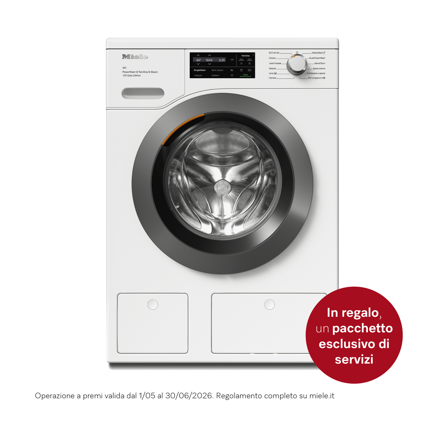 Una lavatrice Miele W1 bianca con bordo argentato attorno al cestello e al pannello.