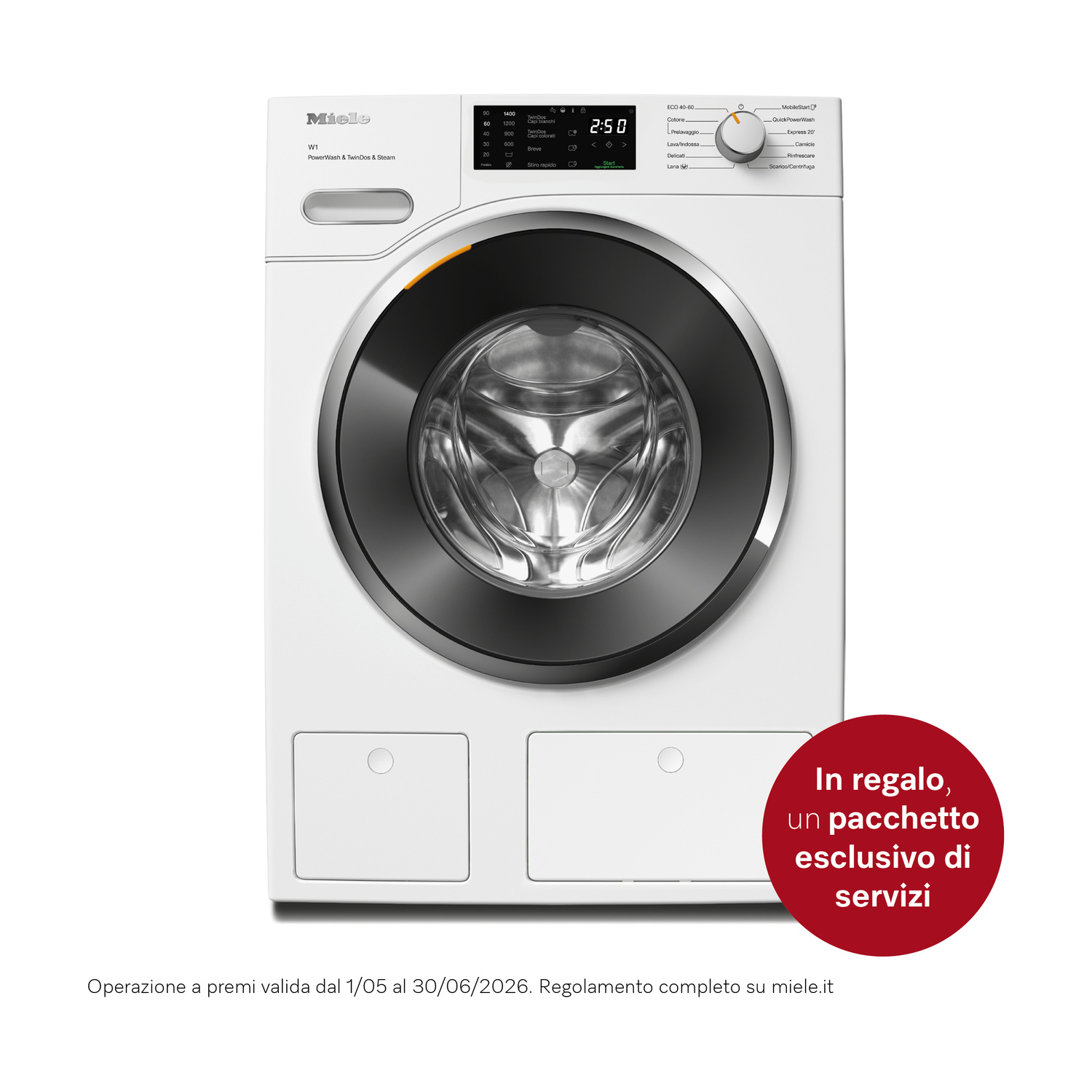 Lavatrice Miele bianca a carica frontale con bordo argento e display digitale.