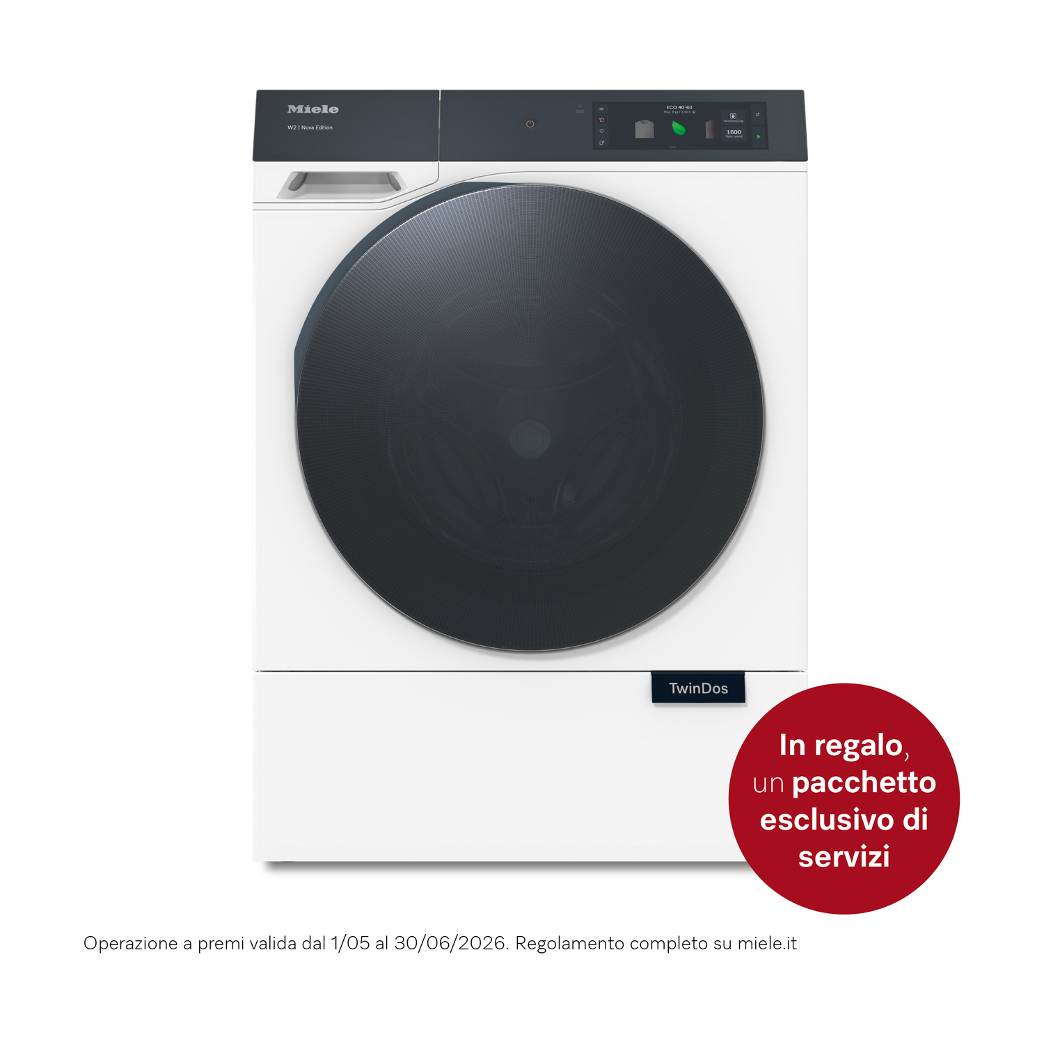 Lavatrice Miele con touchscreen e cestello grande. Cerchio rosso con testo.