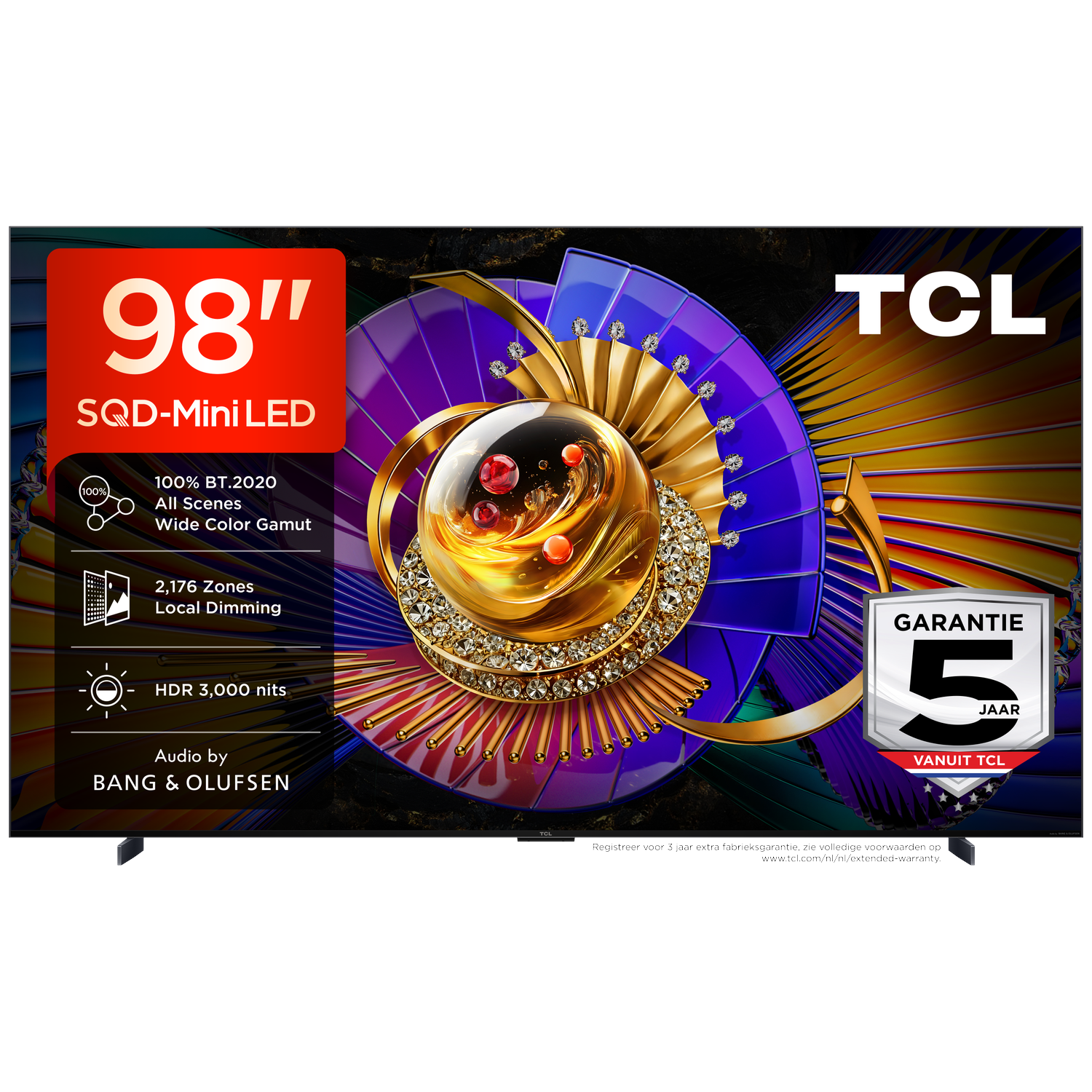 TCL 98-inch SQD-Mini LED TV met 2.176 Zones Local Dimming & HDR 3.000 nits.