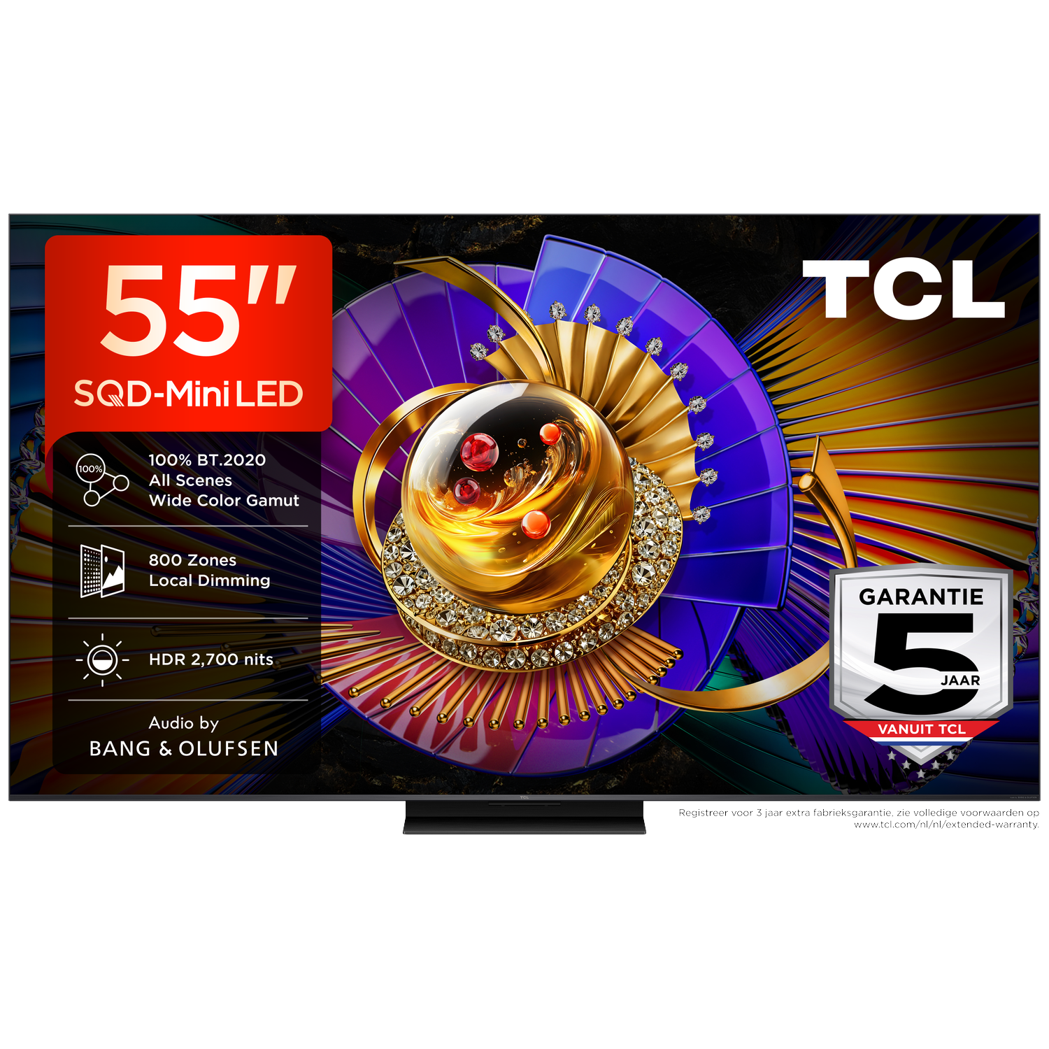 TCL 55" Mini LED TV met 100% BT.2020, 800 zones, HDR, Bang & Olufsen audio.
