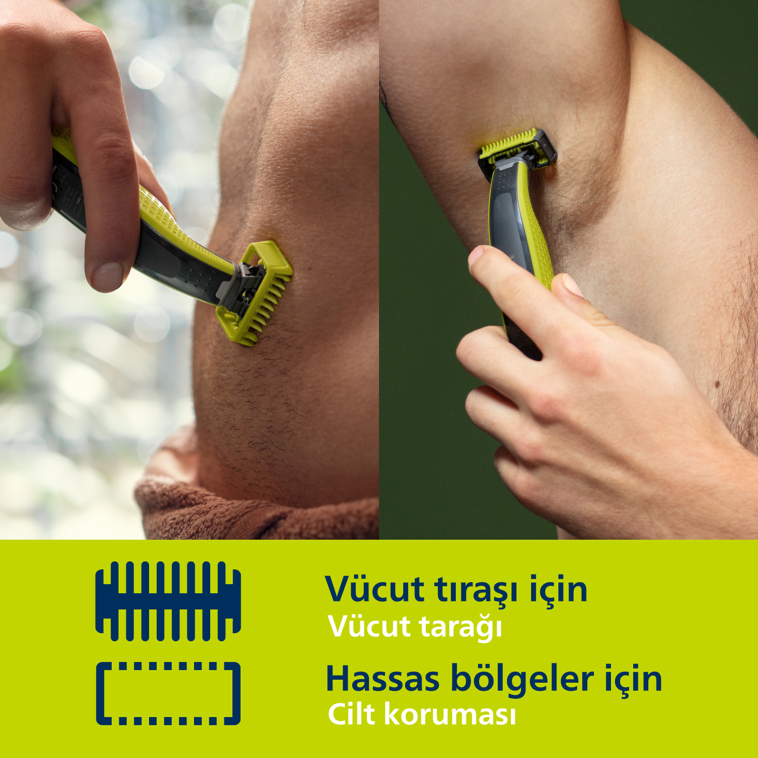 Bir erkek, yeşil ve siyah düzeltici ile koltuk altı ve vücut kıllarını tıraş ediyor.