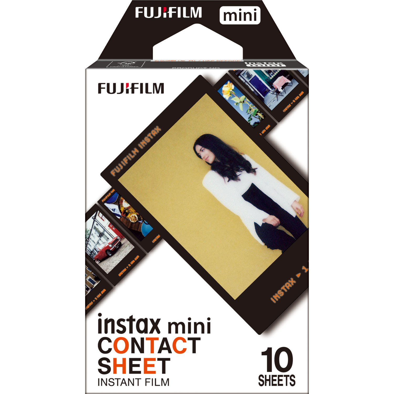 Fujifilm Instax mini contactvel verpakking met filmbeelden: vrouw, auto, bloem, eten.
