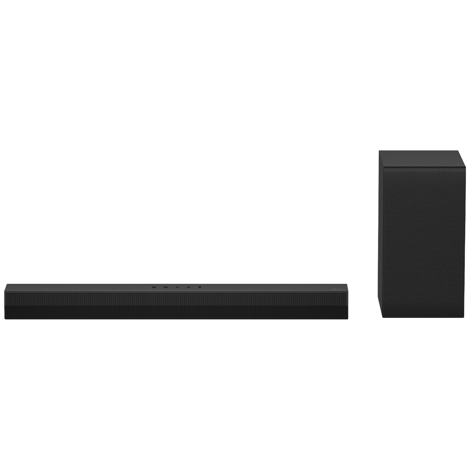 Zwarte soundbar en subwoofer tegen een witte achtergrond.