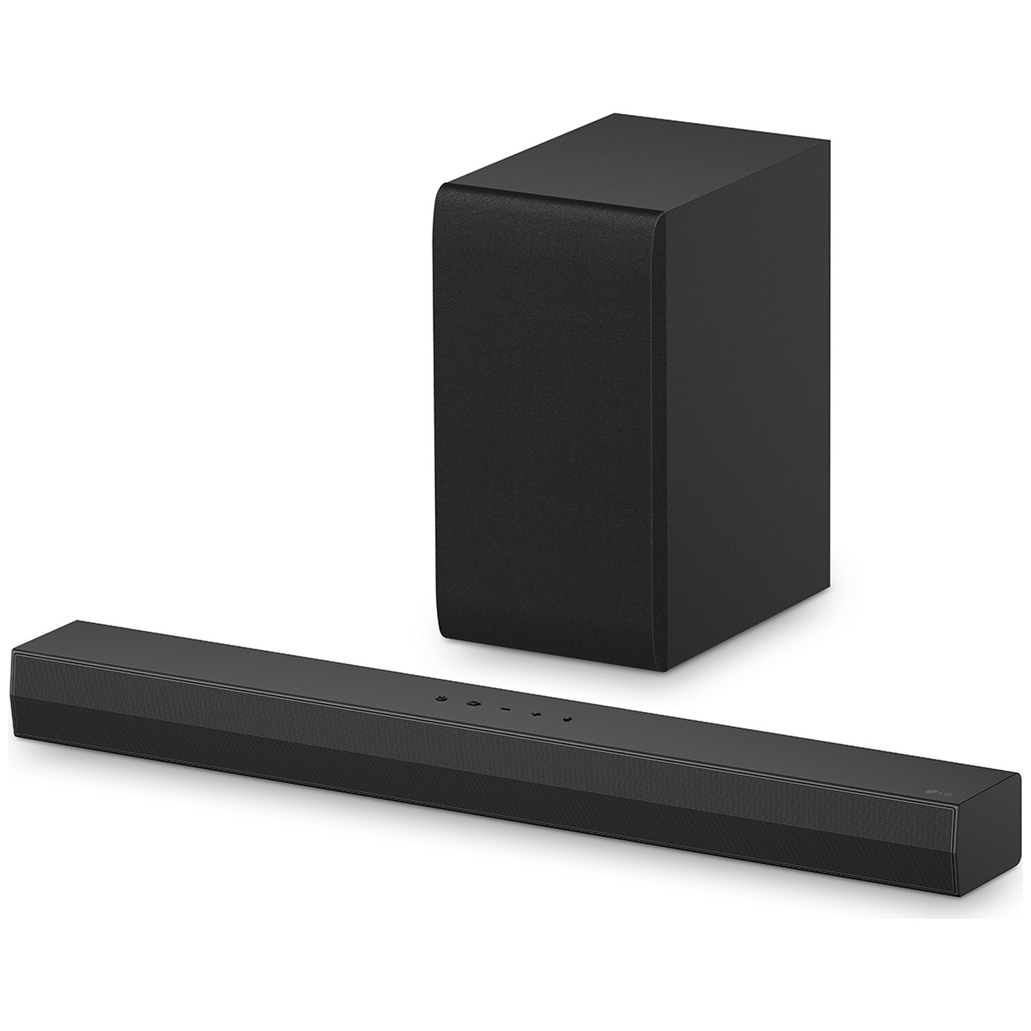 Een zwarte soundbar en subwoofer staan naast elkaar op een witte achtergrond.