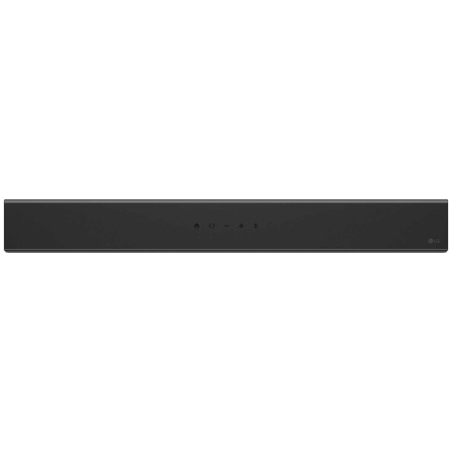 Zwarte LG soundbar met bedieningsknoppen en LG-logo.