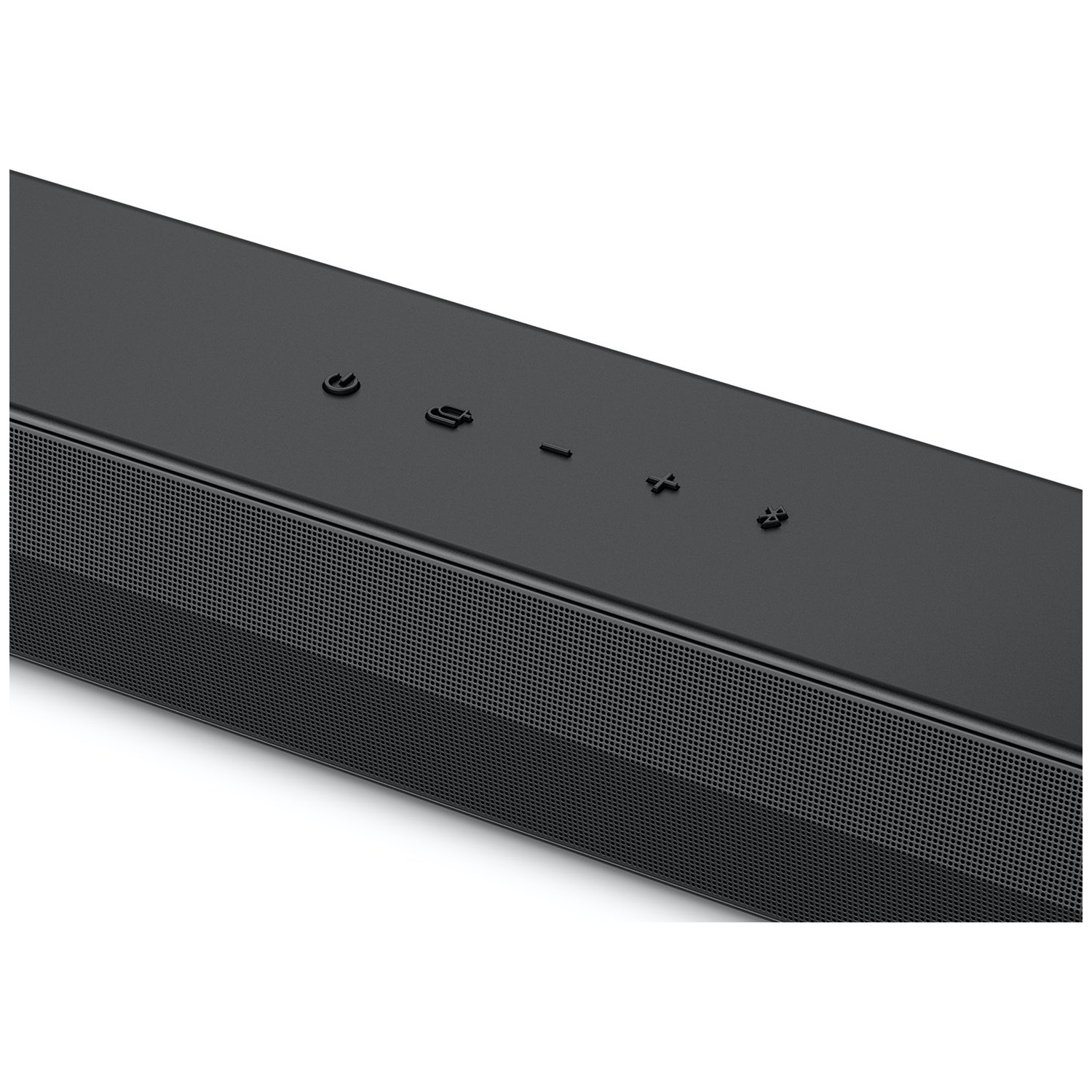 Zwarte soundbar met bedieningsknoppen bovenop en luidsprekergrill aan de voorkant.