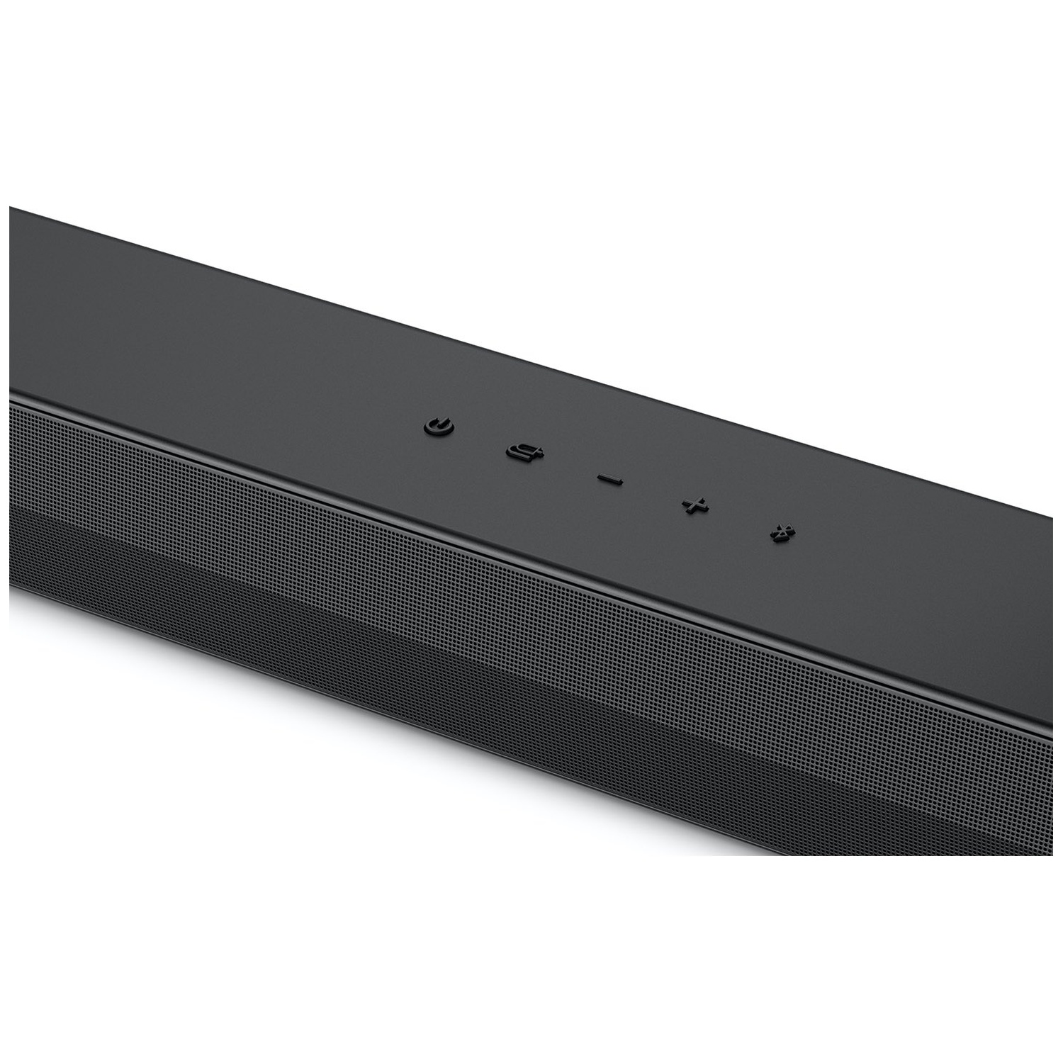 Zwarte soundbar met luidsprekergril en bedieningsknoppen aan de bovenkant op witte achtergrond.