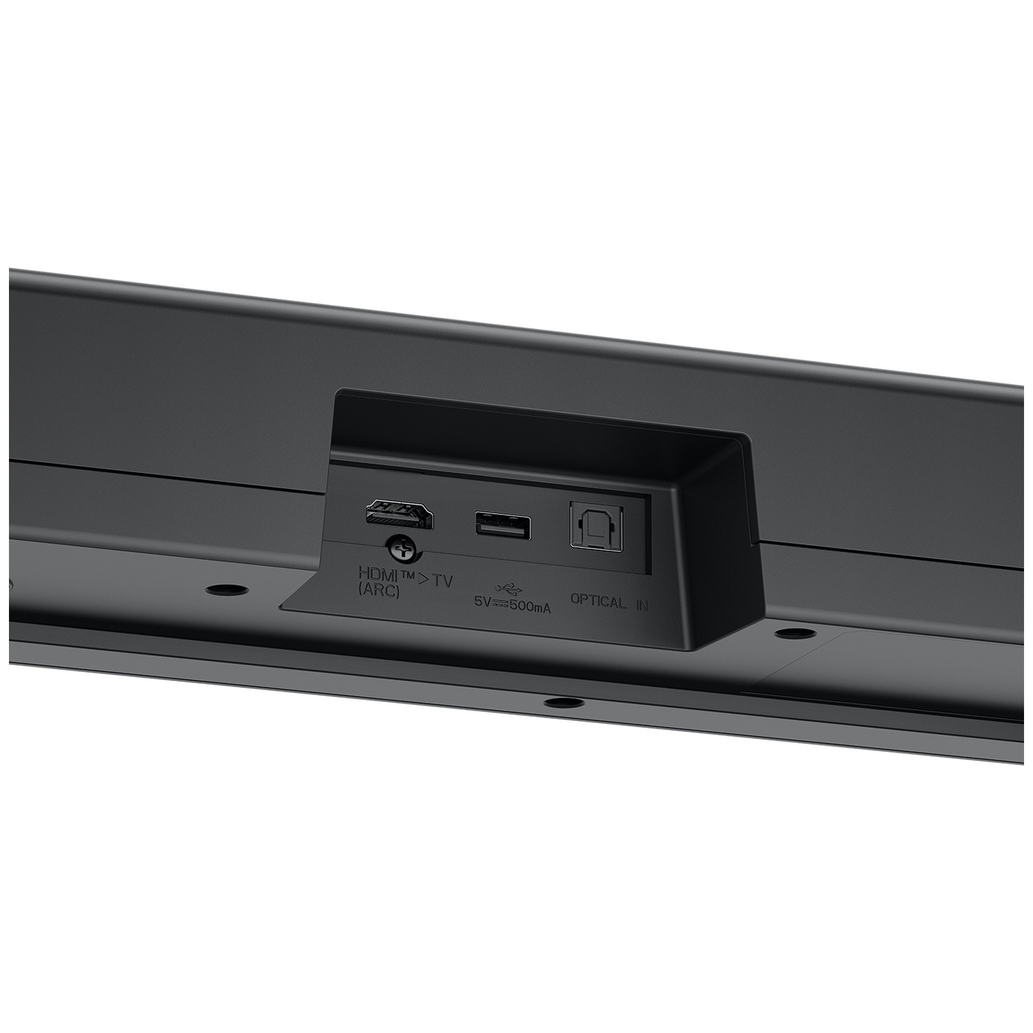 Achterkant van een zwart apparaat met HDMI-, USB- en optische poorten.