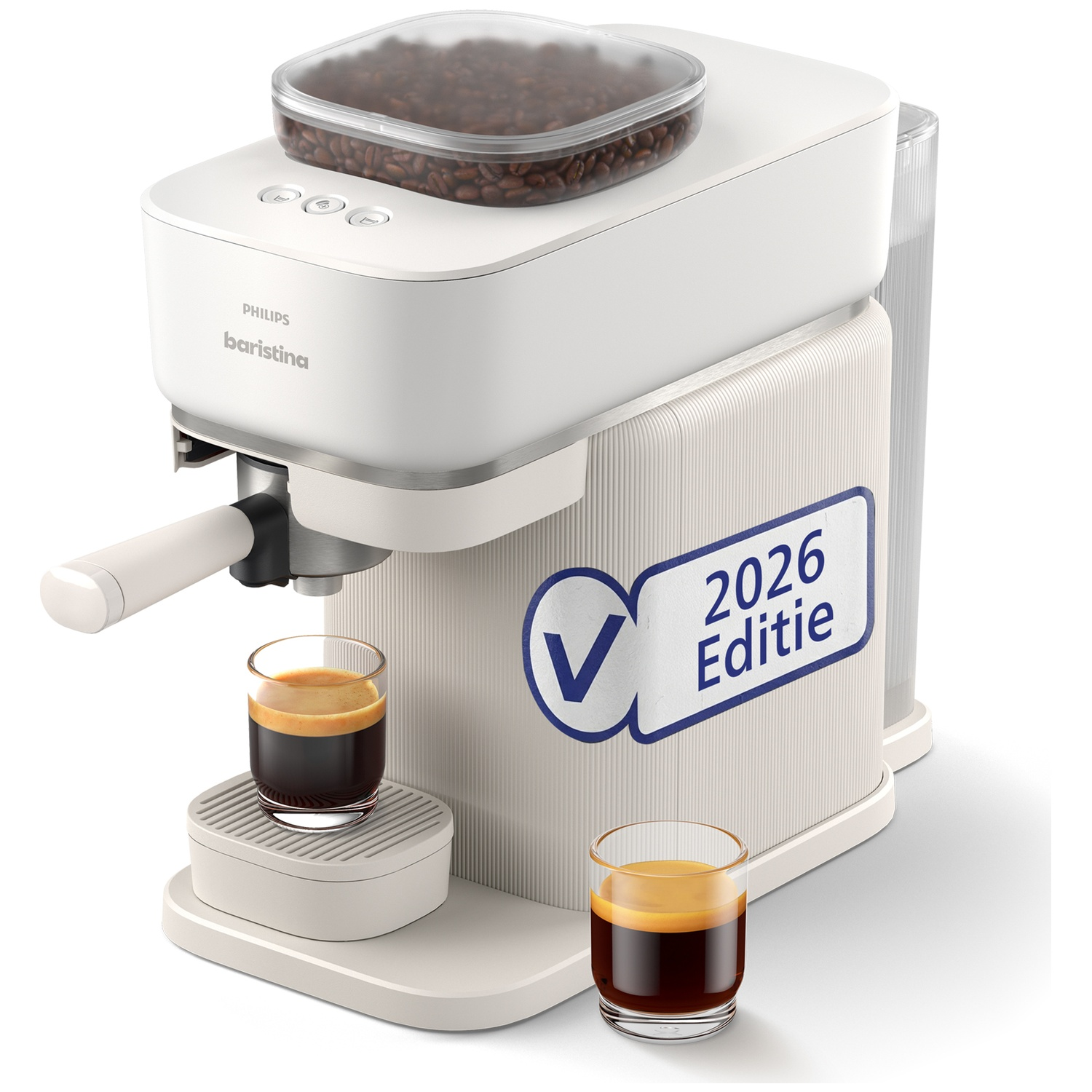 Machine à café blanche avec réservoir à grains, deux tasses à expresso.