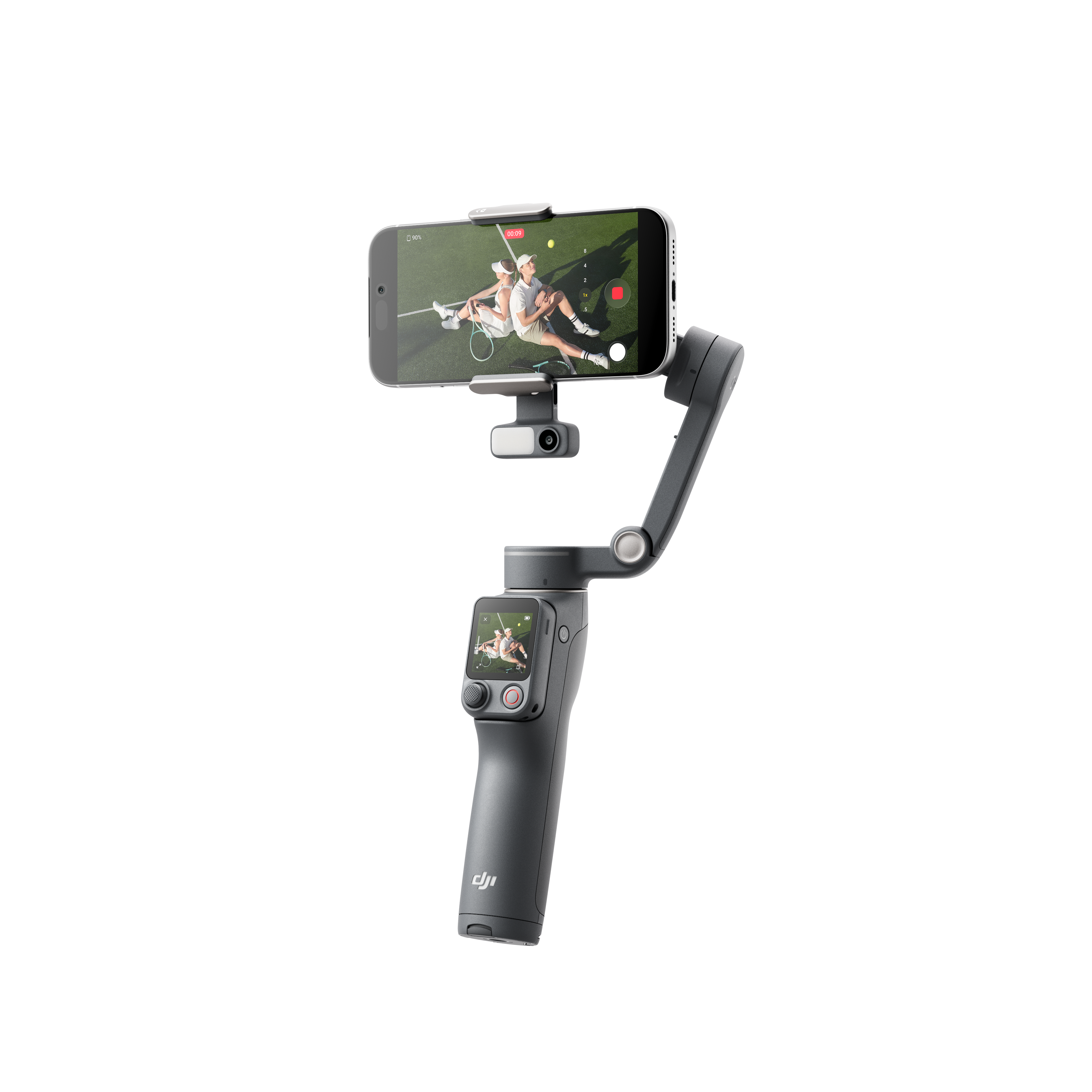 Egy szürke gimbal tart egy okostelefont, amely teniszmeccset mutat.