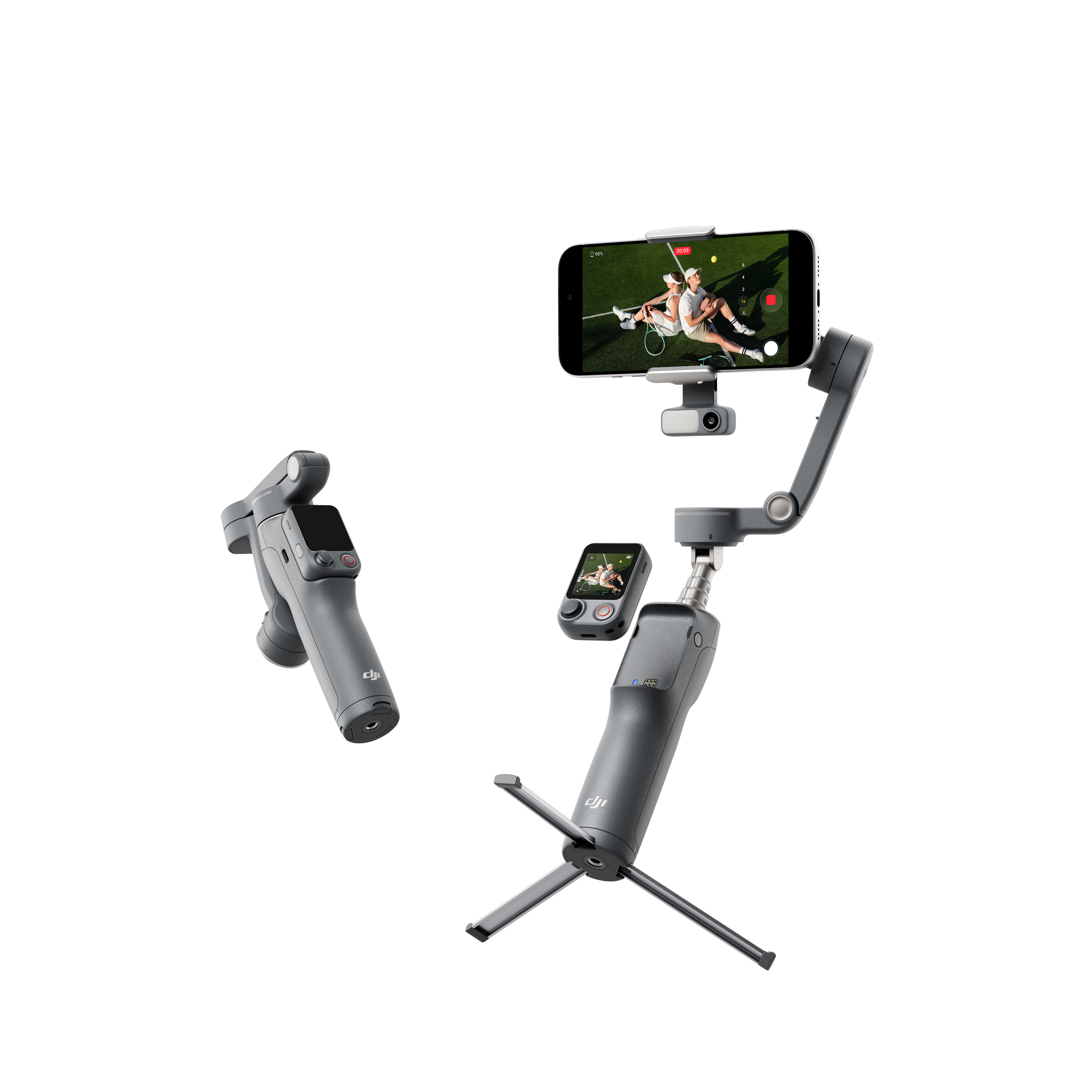 Szürke gimbal rögzítők okostelefon-tartóval és telefonnal, amely egy párt mutat.