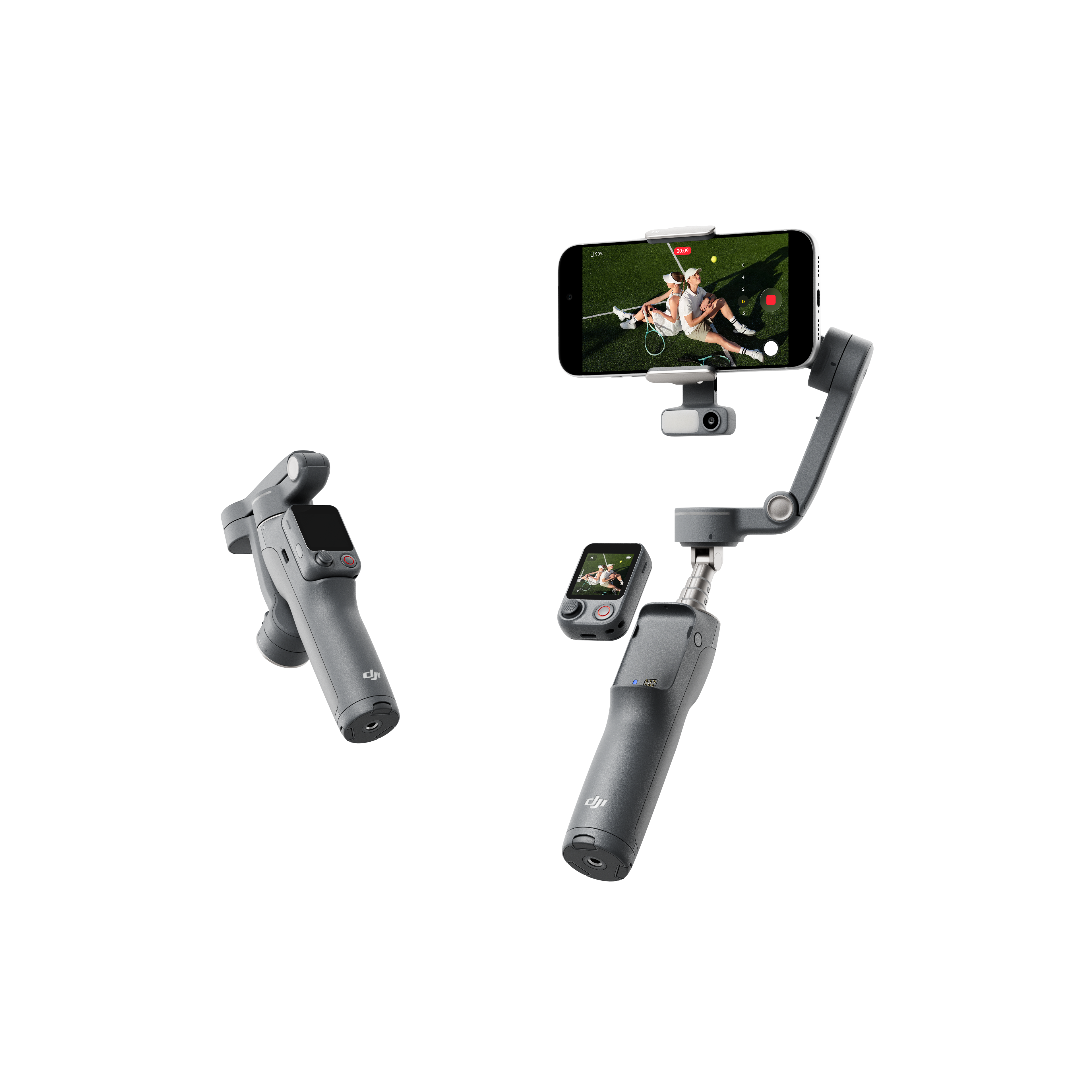 Szürke gimbal okostelefonnal, amely teniszező párt mutat.