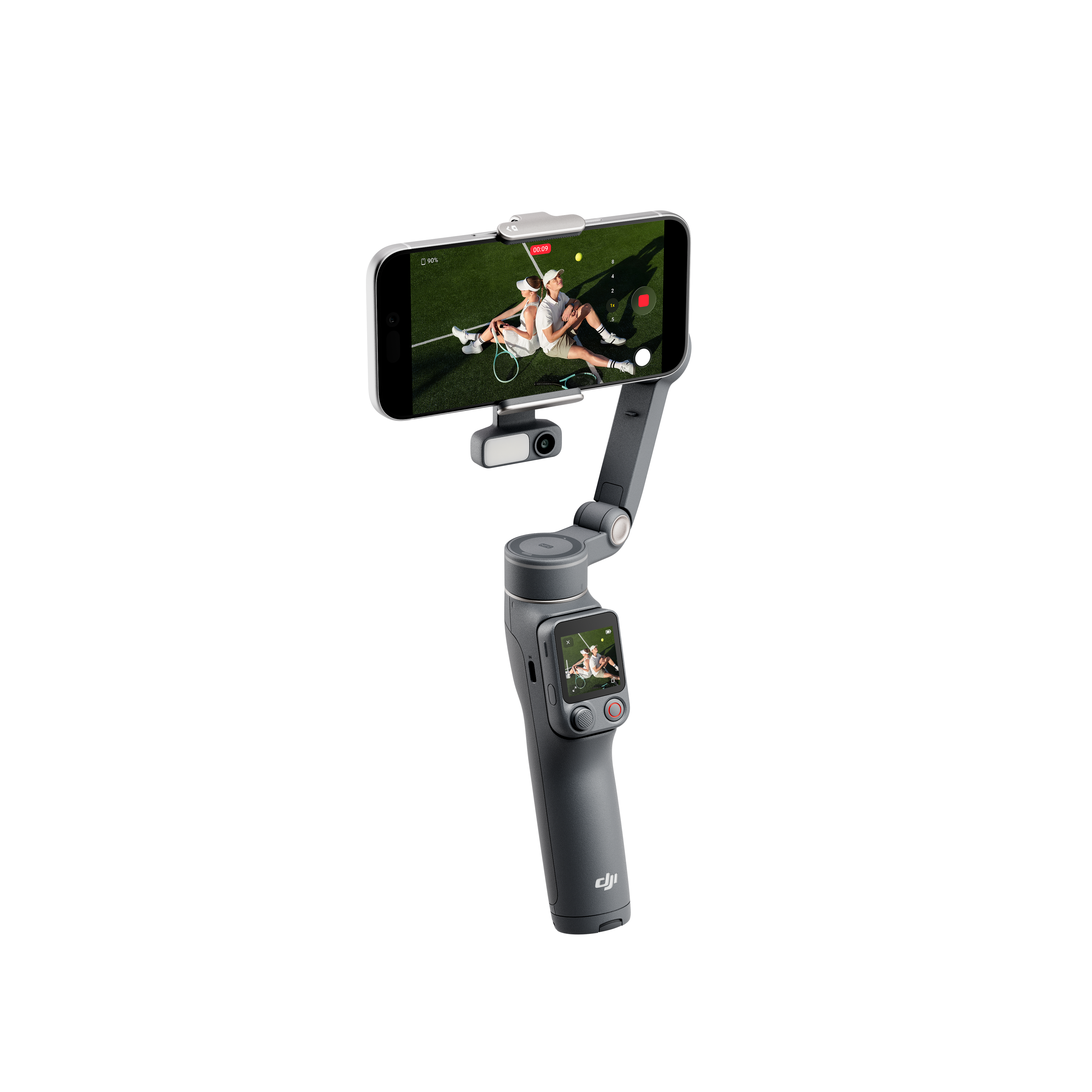 Egy szürke gimbal, amely egy teniszmeccset megjelenítő okostelefont tart.