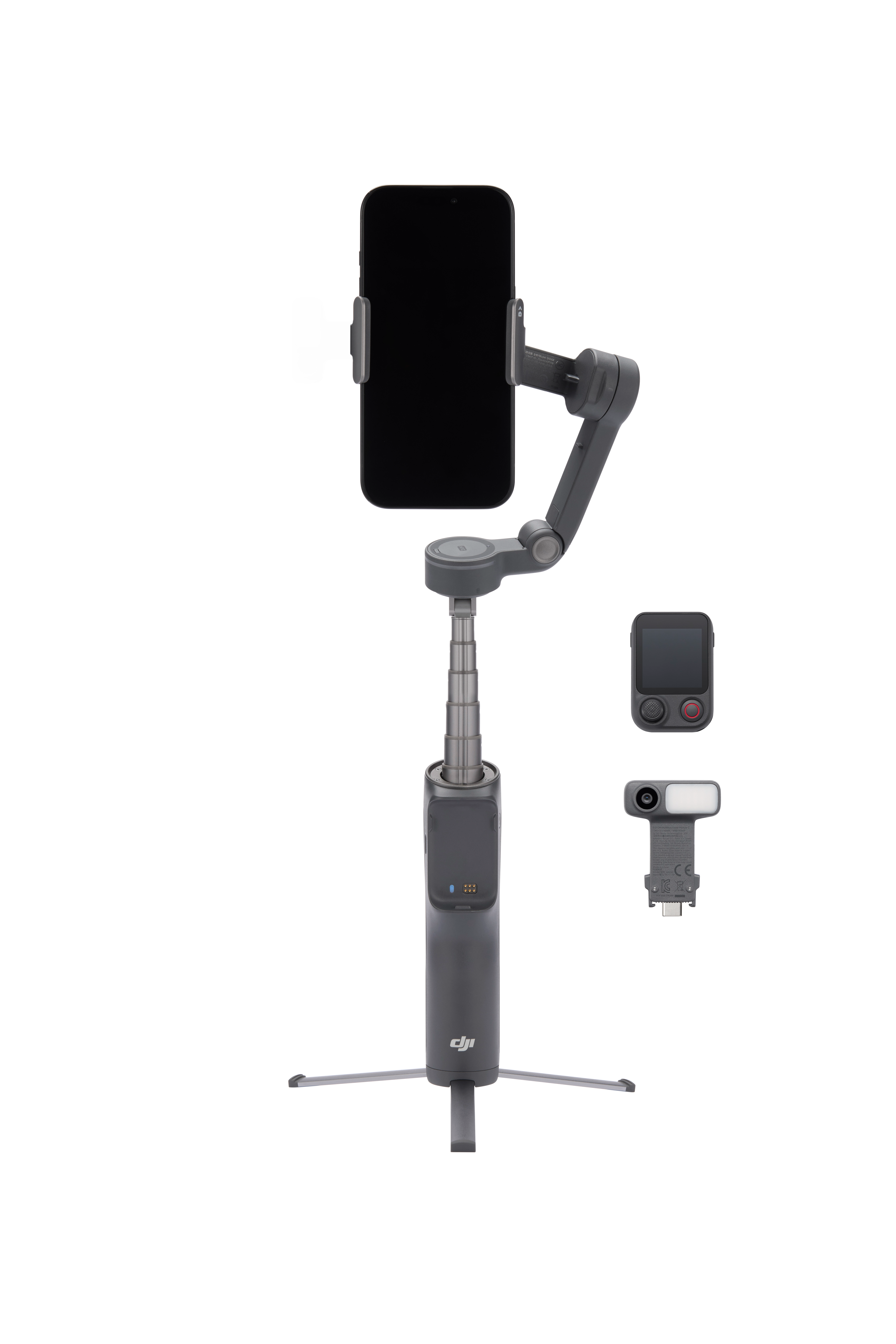 Szürke gimbal okostelefonnal, kis képernyővel és fény/kamera tartozékkal.