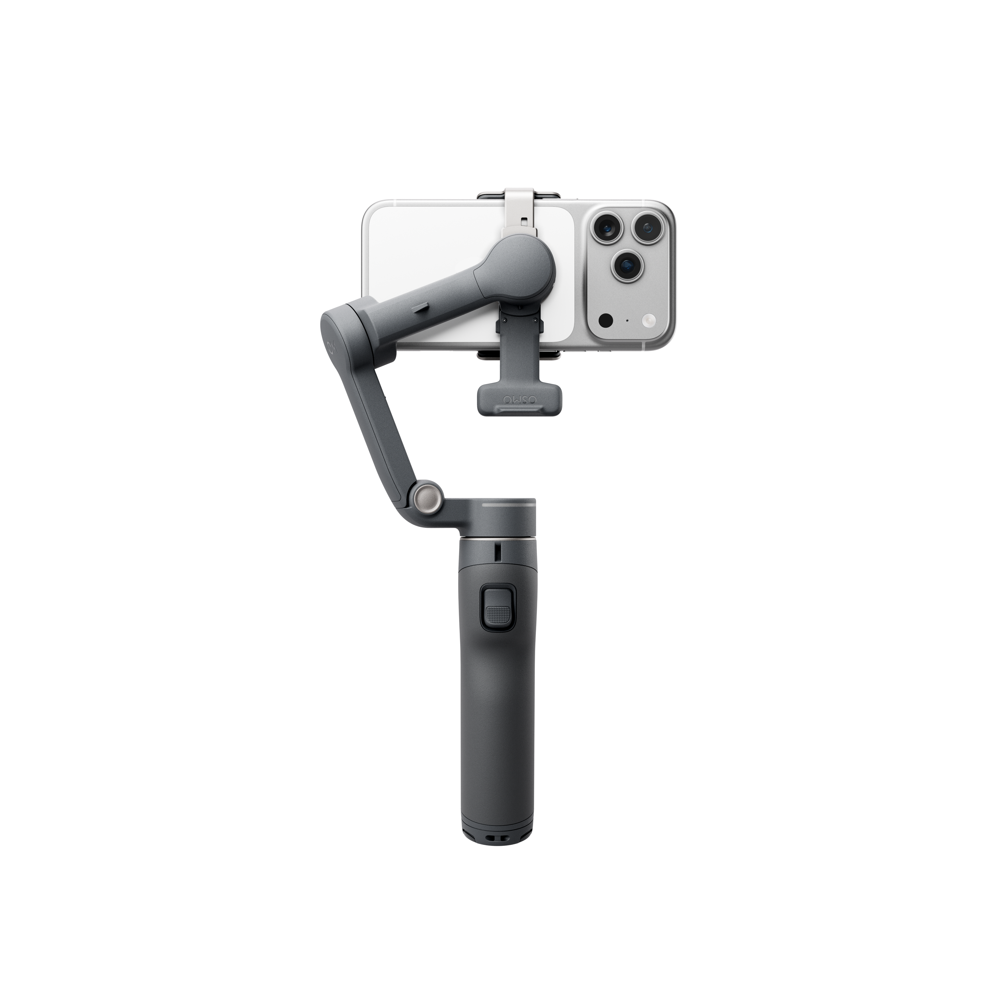 Szürke okostelefon gimbal fogantyúval és telefontartóval.