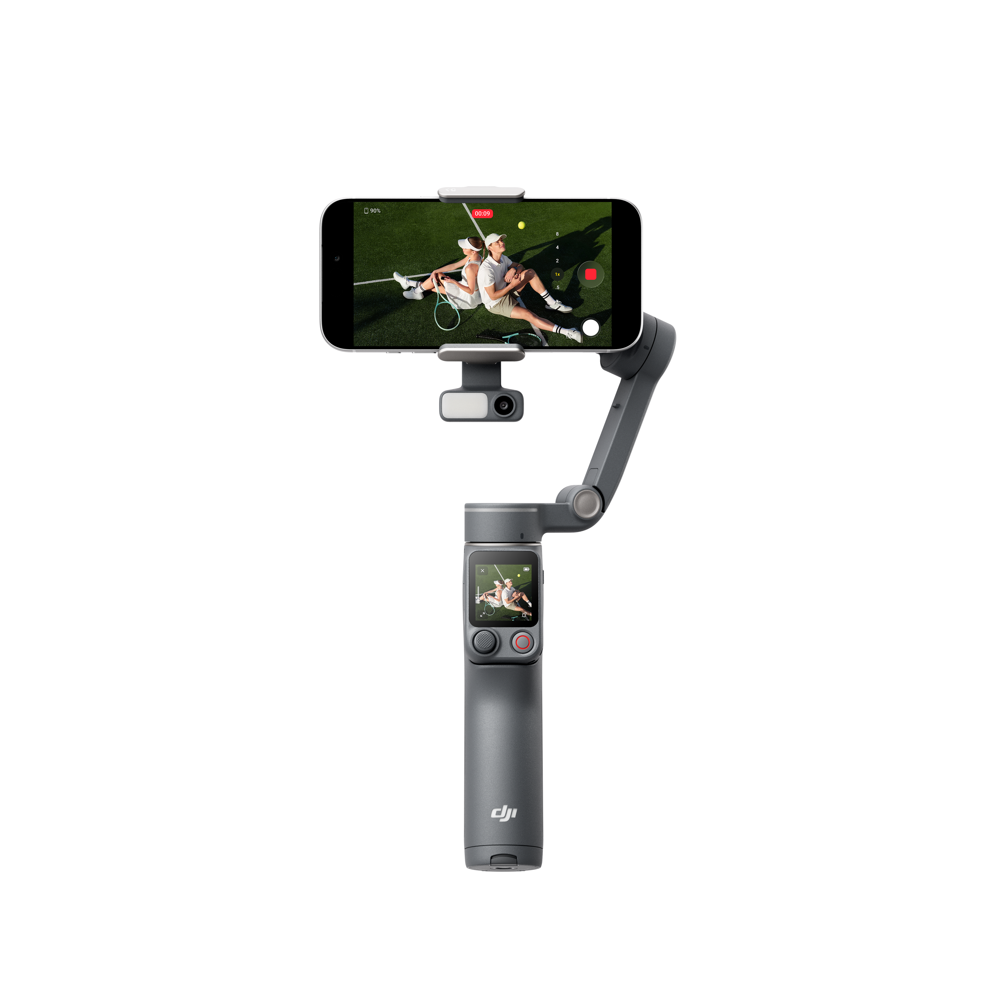 Szürke gimbal okostelefont tart, teniszjátékosokat mutatva.