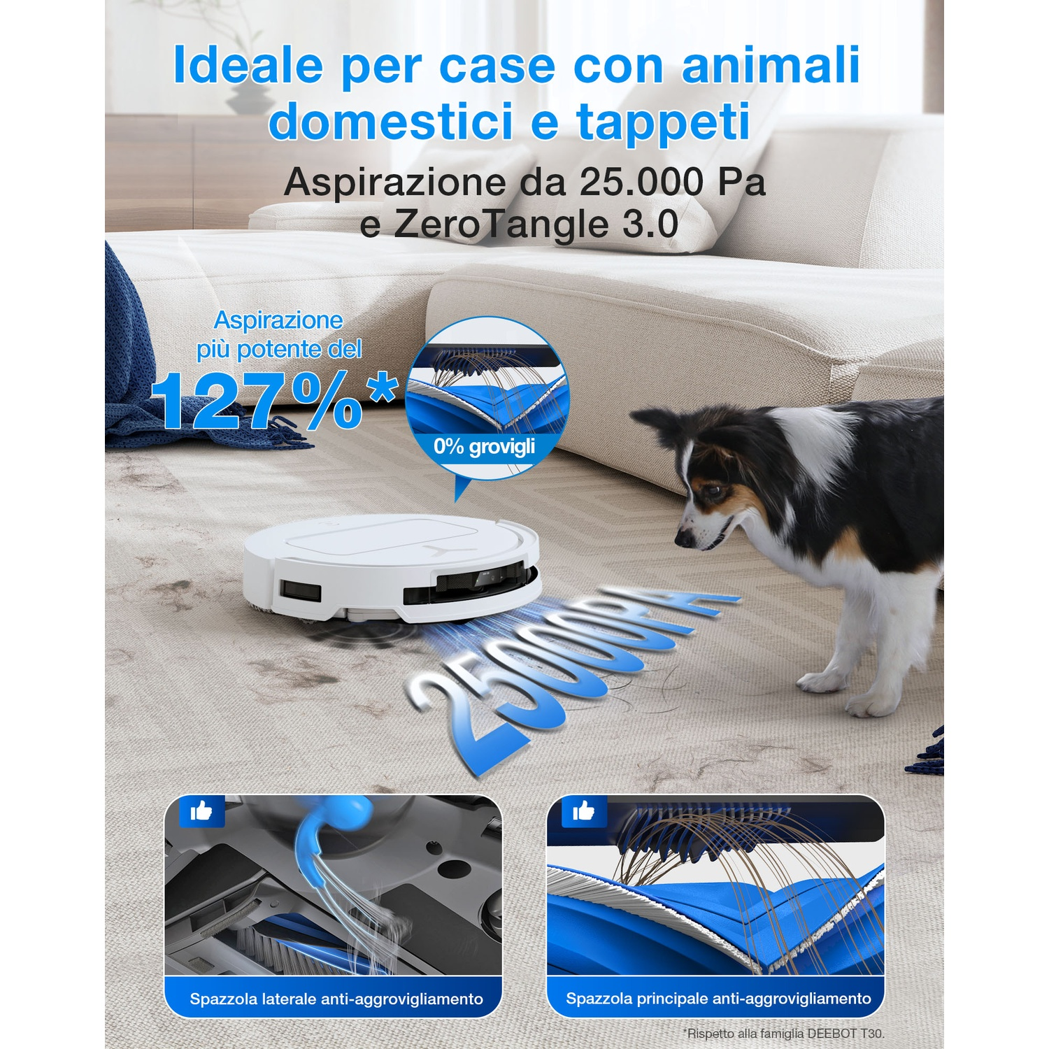 Un robot aspirapolvere bianco pulisce un tappeto con un cane che guarda. Dettagli mostrano spazzole.