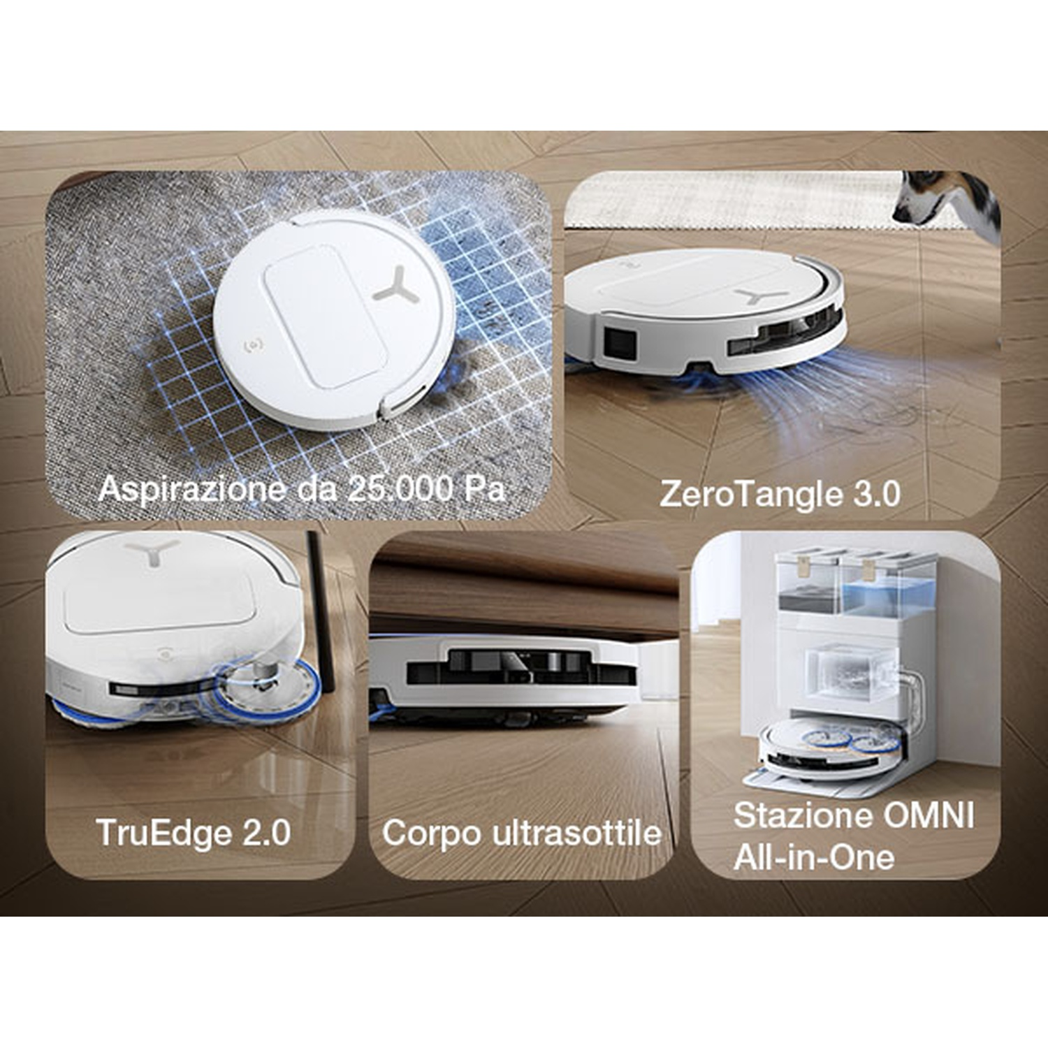 Collage di funzionalità robot aspirapolvere: aspirazione, ZeroTangle, TruEdge, corpo sottile, stazione All-in-One.