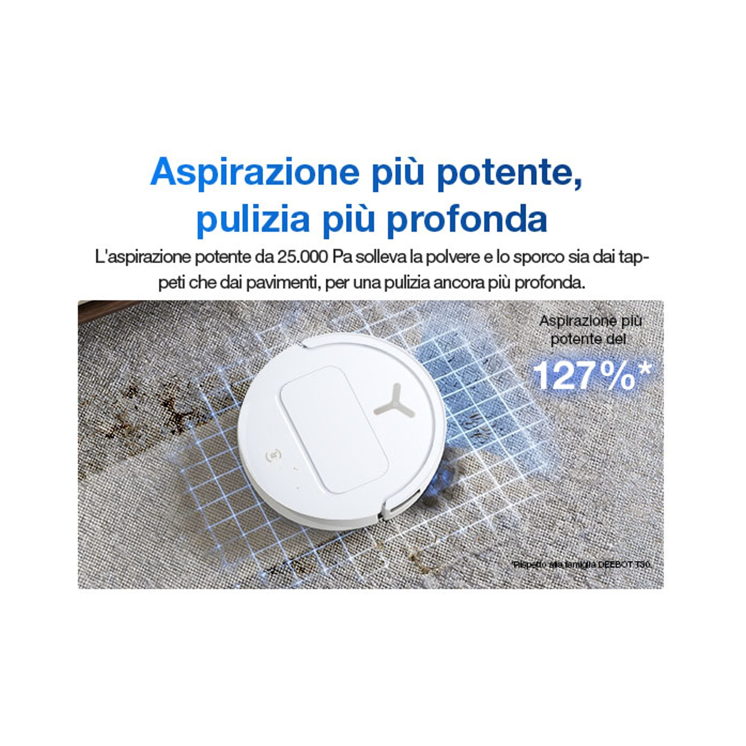 Un robot aspirapolvere bianco pulisce un tappeto con macchie di sporco.