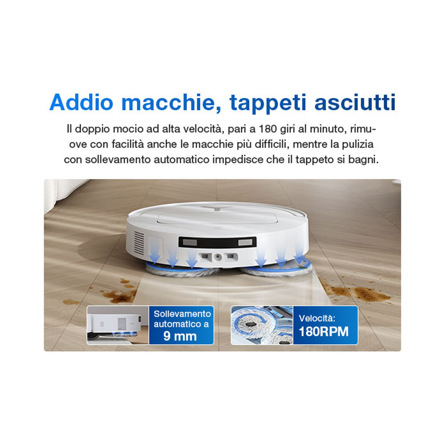 Un robot aspirapolvere bianco pulisce un pavimento in legno con macchie.