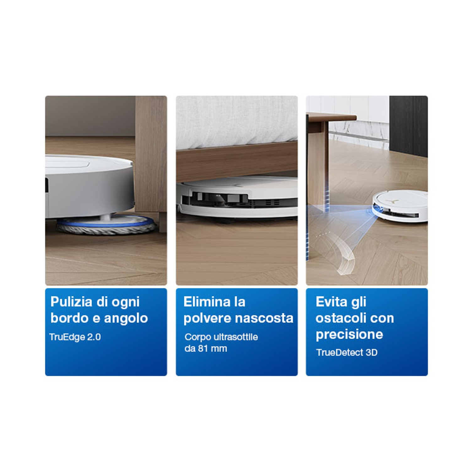 Un robot aspirapolvere pulisce bordi, pulisce sotto un letto ed evita ostacoli.