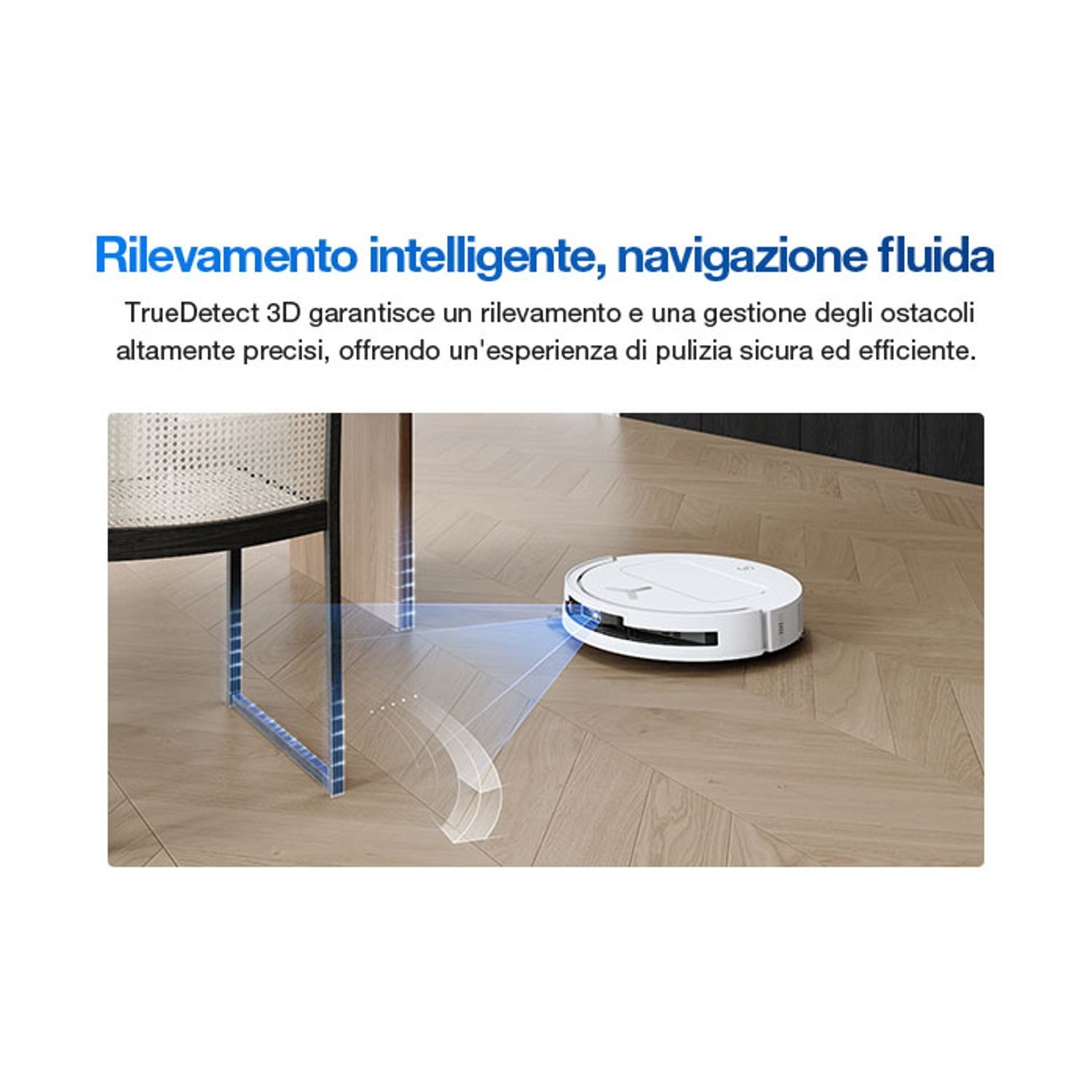 Un robot aspirapolvere bianco naviga su un pavimento in legno, con sensori blu che rilevano ostacoli.