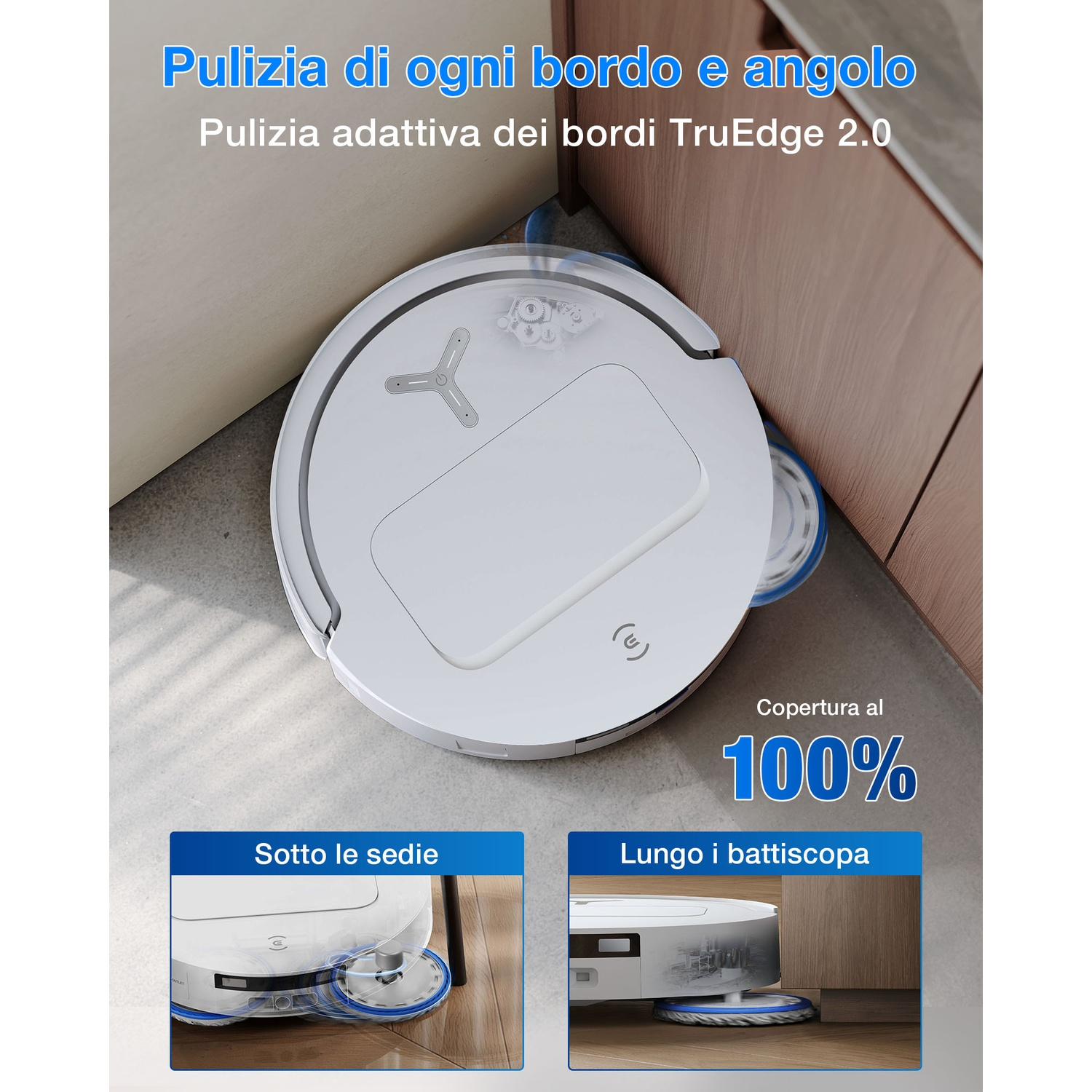 Un robot aspirapolvere bianco pulisce angoli e bordi vicino a un mobile in legno.