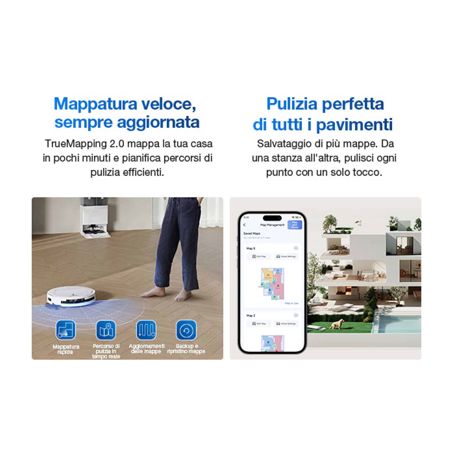 Robot aspirapolvere con mappatura, interfaccia app e casa moderna.