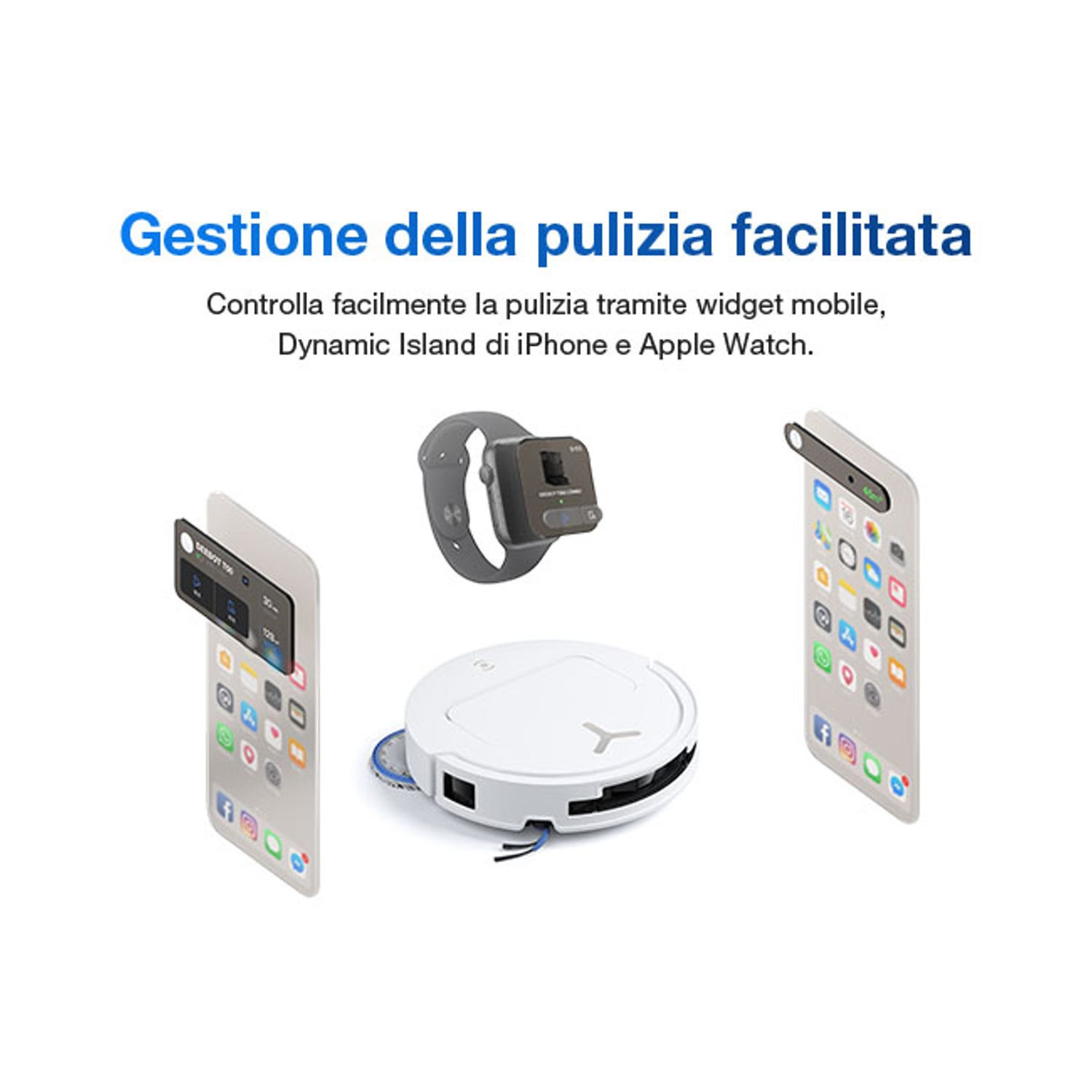 Un robot aspirapolvere bianco accanto a un iPhone e un Apple Watch.
