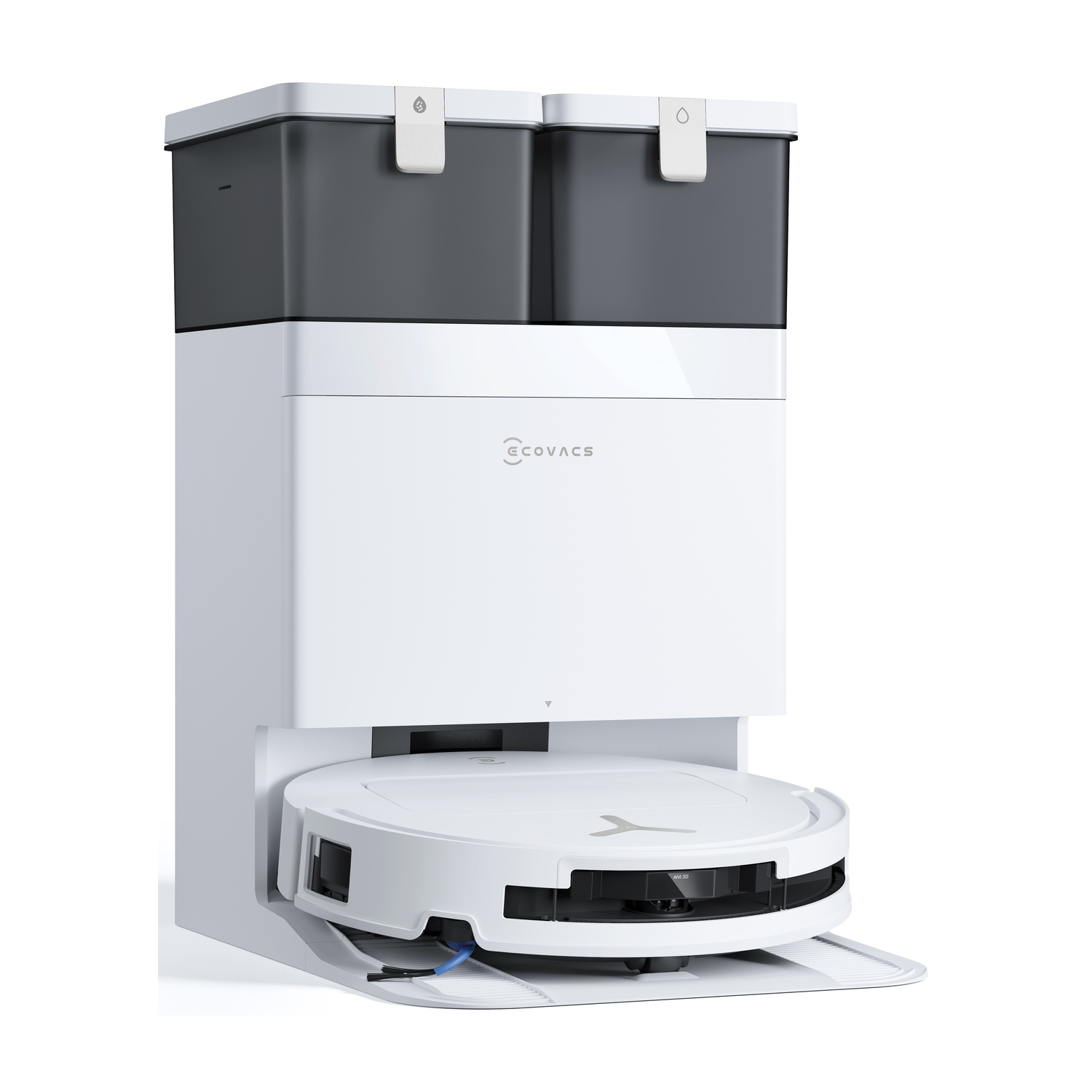 Un robot aspirapolvere bianco con dock di ricarica e due contenitori scuri in alto.
