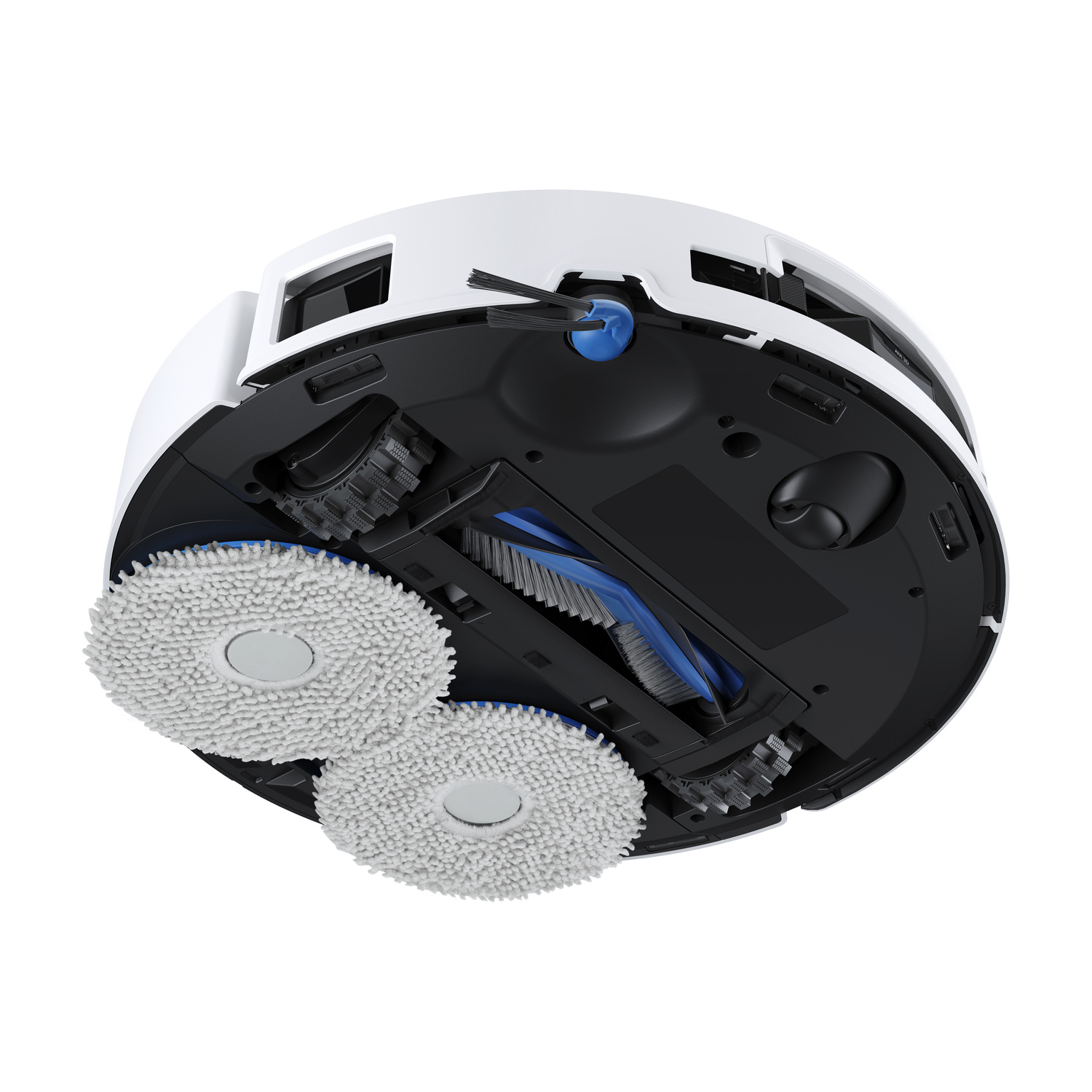 Parte inferiore di robot aspirapolvere bianco con due mop rotanti, spazzole e ruote.