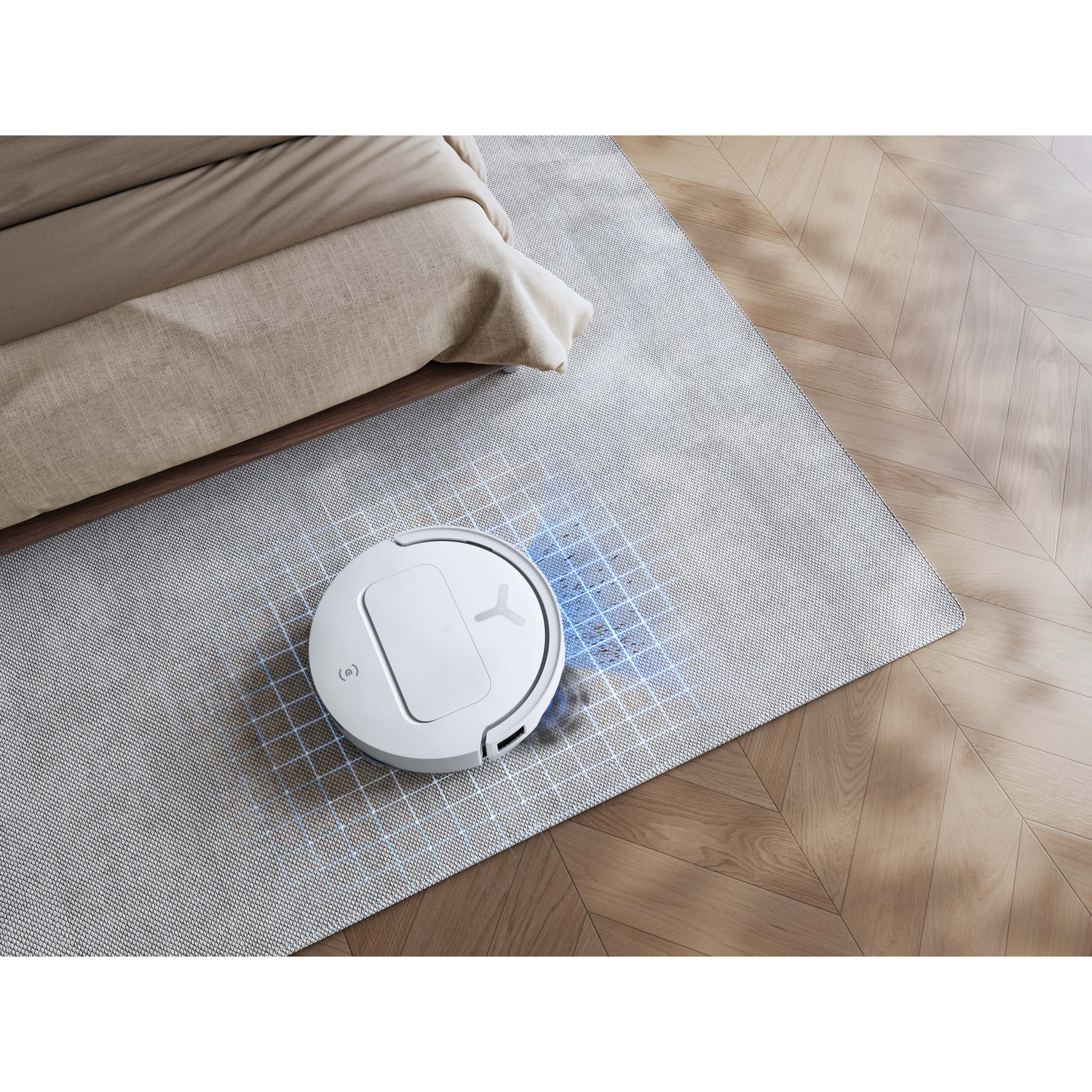 Un robot aspirapolvere bianco pulisce un tappeto accanto a un letto. Linee a griglia blu indicano la zona di pulizia.