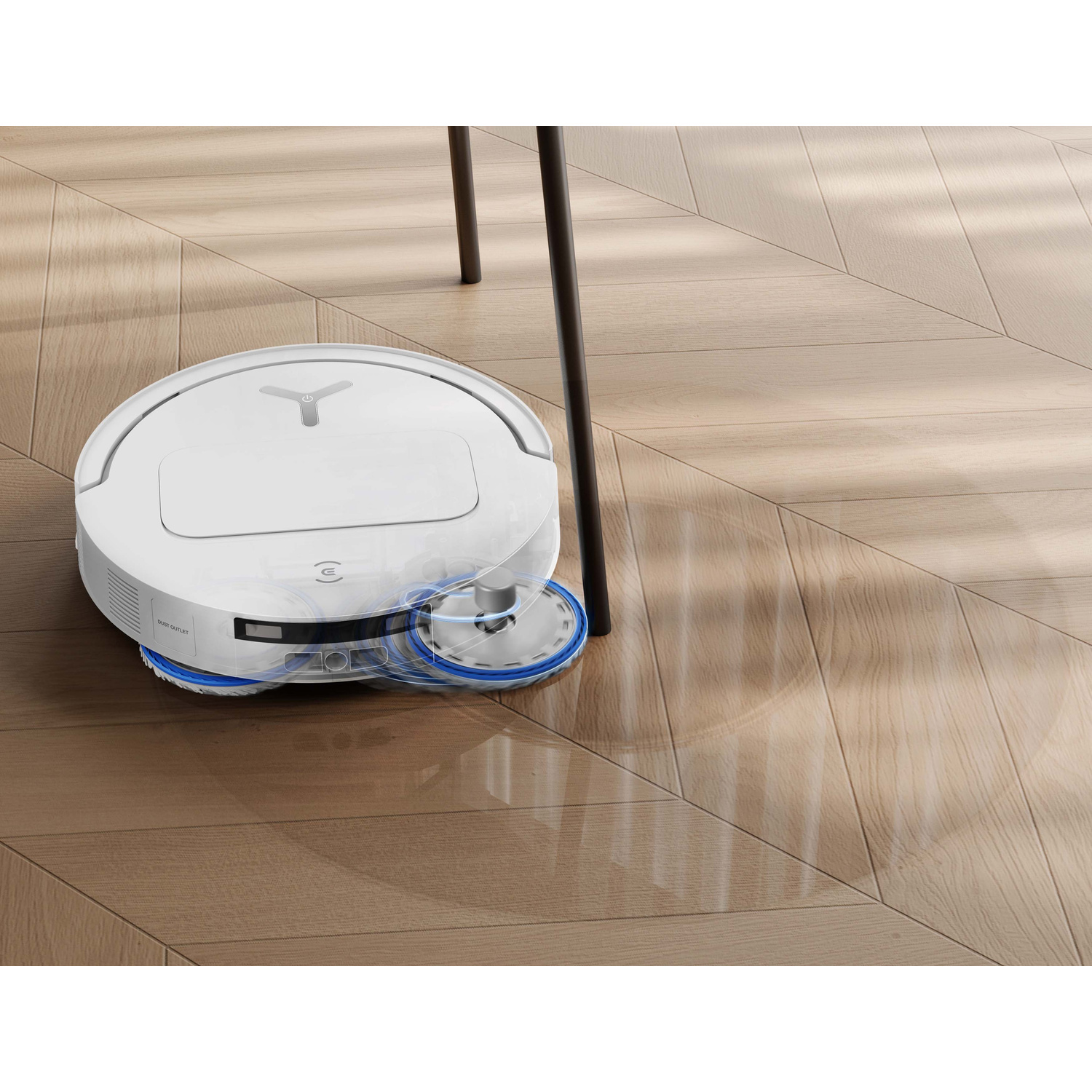 Un robot aspirapolvere bianco e rotondo con spazzole blu pulisce un pavimento in legno.