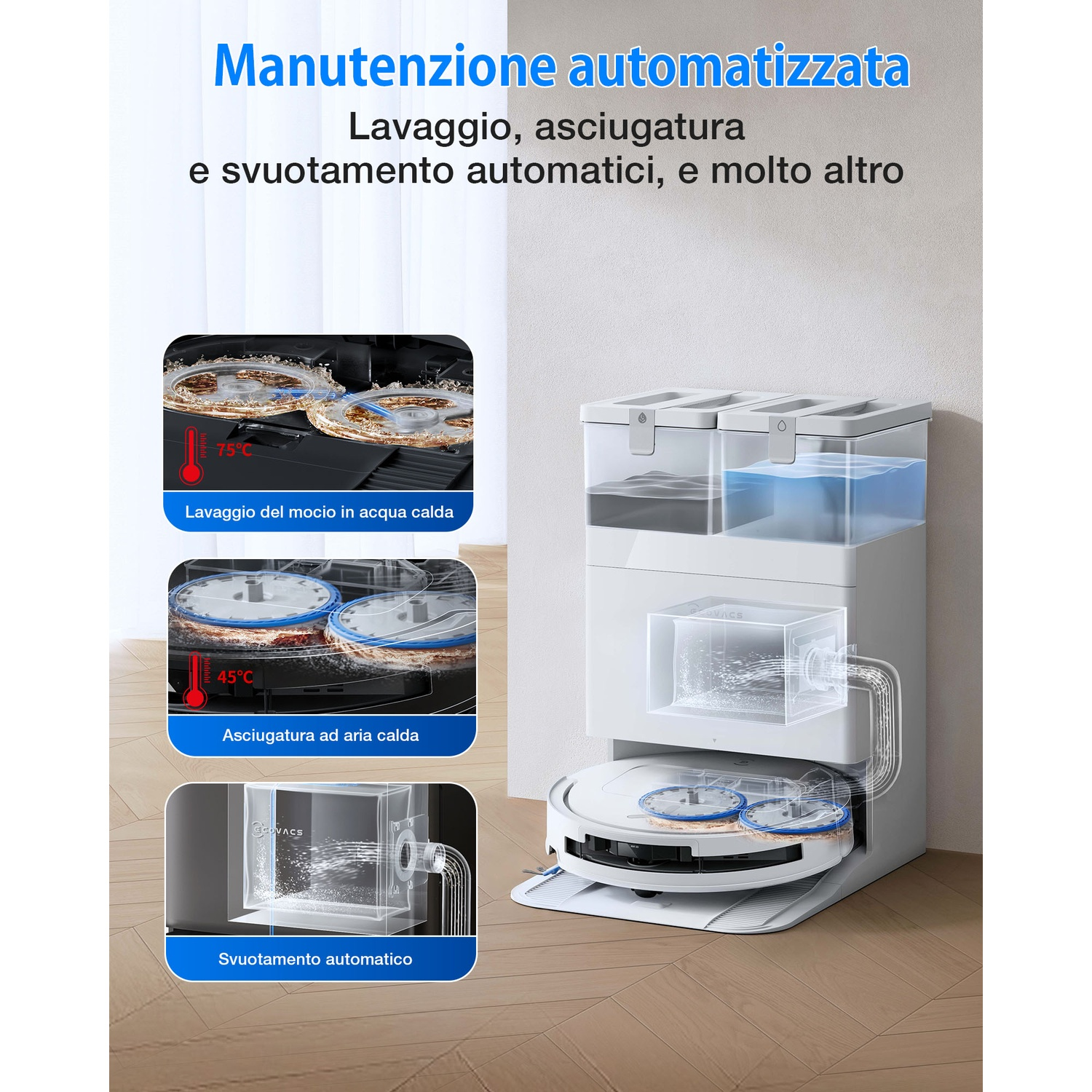 Robot aspirapolvere con stazione di autopulizia. Mostra lavaggio mocio acqua calda, asciugatura aria calda.