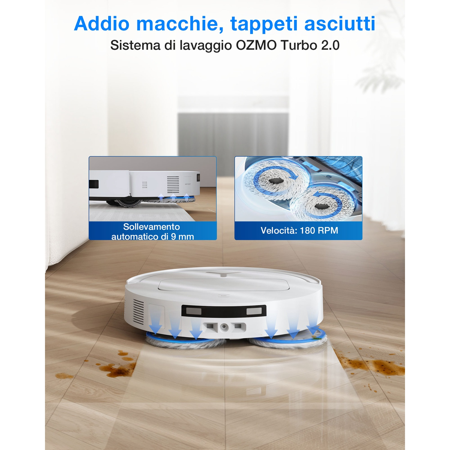 Un robot aspirapolvere bianco pulisce una macchia su parquet. Inseri mostrano sollevamento tappeto e velocità spazzole.