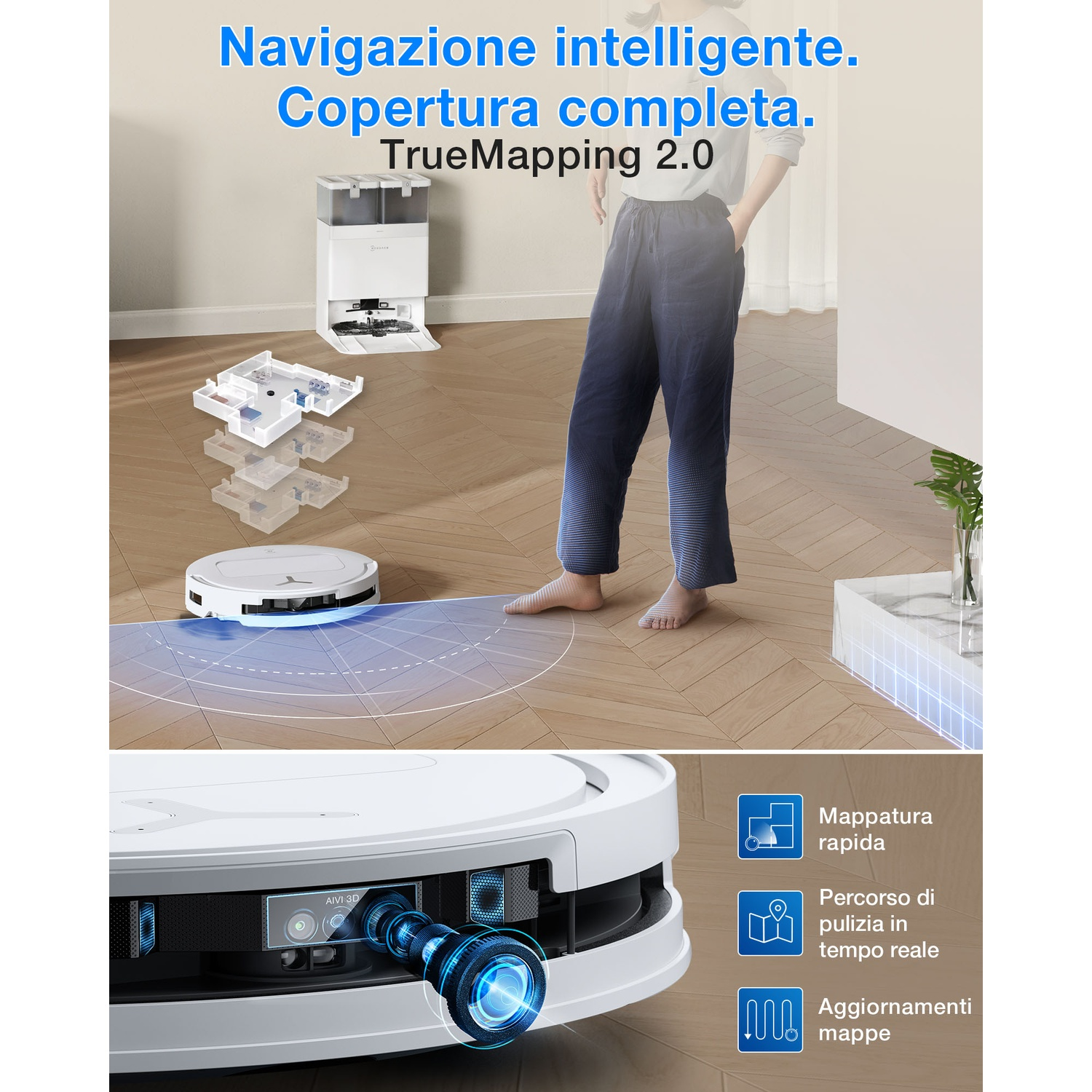 Un robot aspirapolvere con base di ricarica e sensori 3D su parquet.