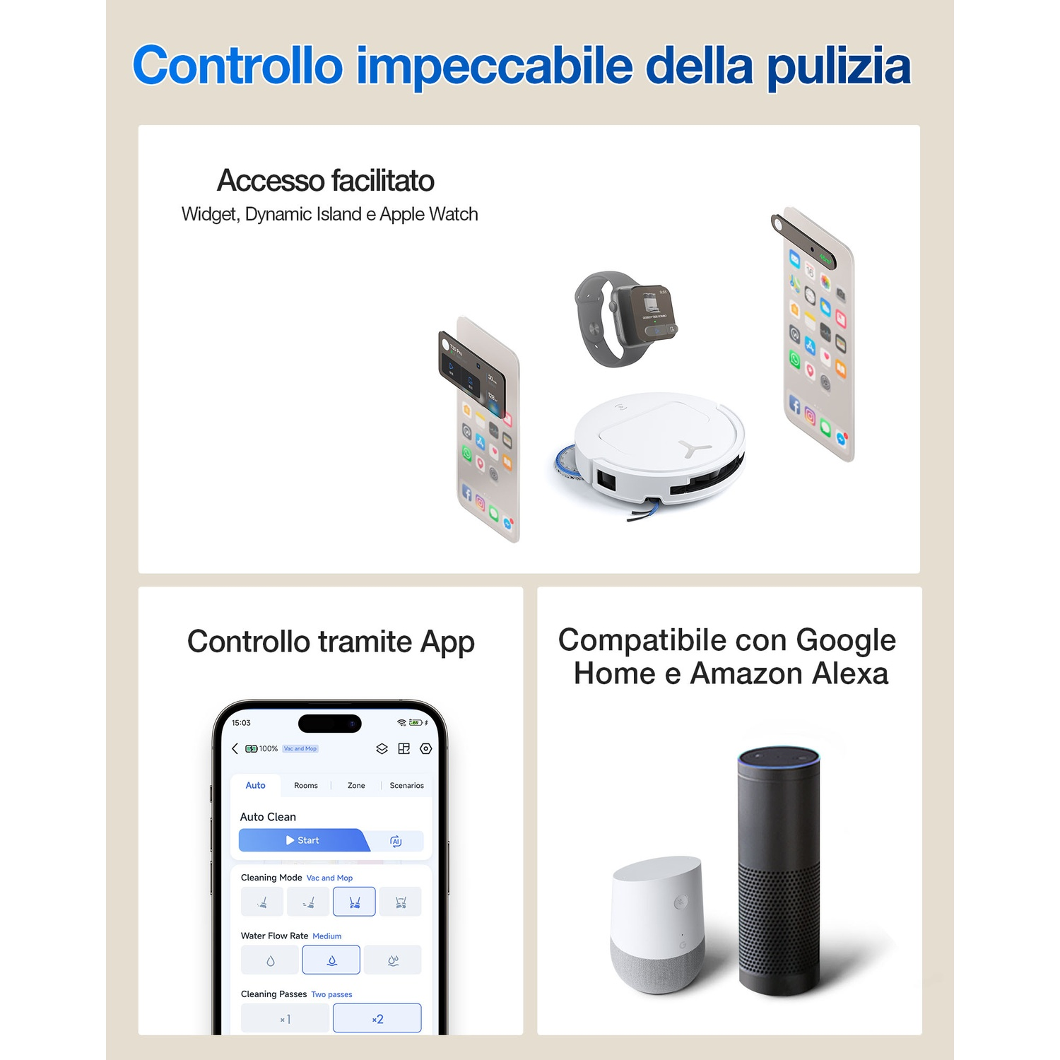 Un robot aspirapolvere bianco, uno smartphone e uno smartwatch sono visualizzati.