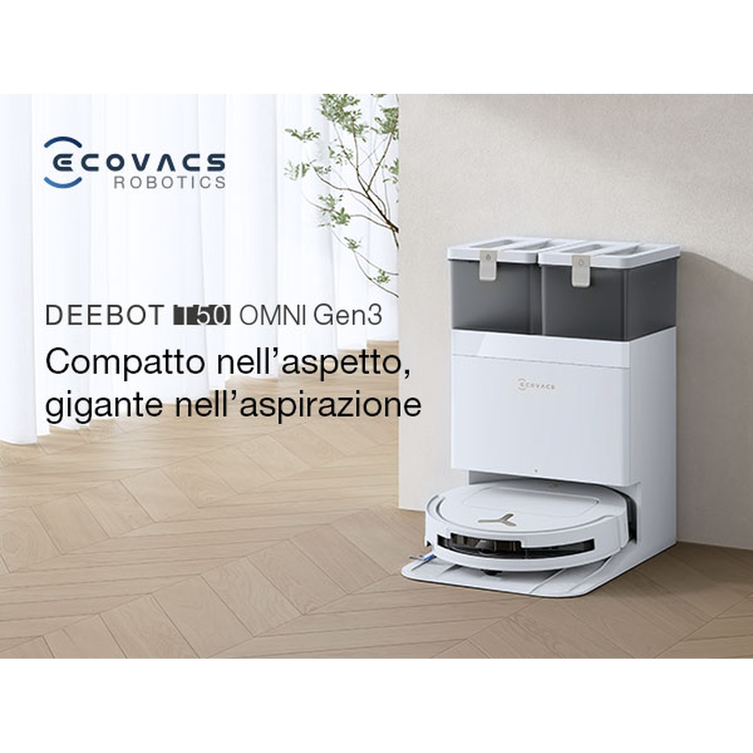 Robot aspirapolvere bianco e base di ricarica su pavimento in legno. Testo: DEEBOT T50 OMNI Gen3.