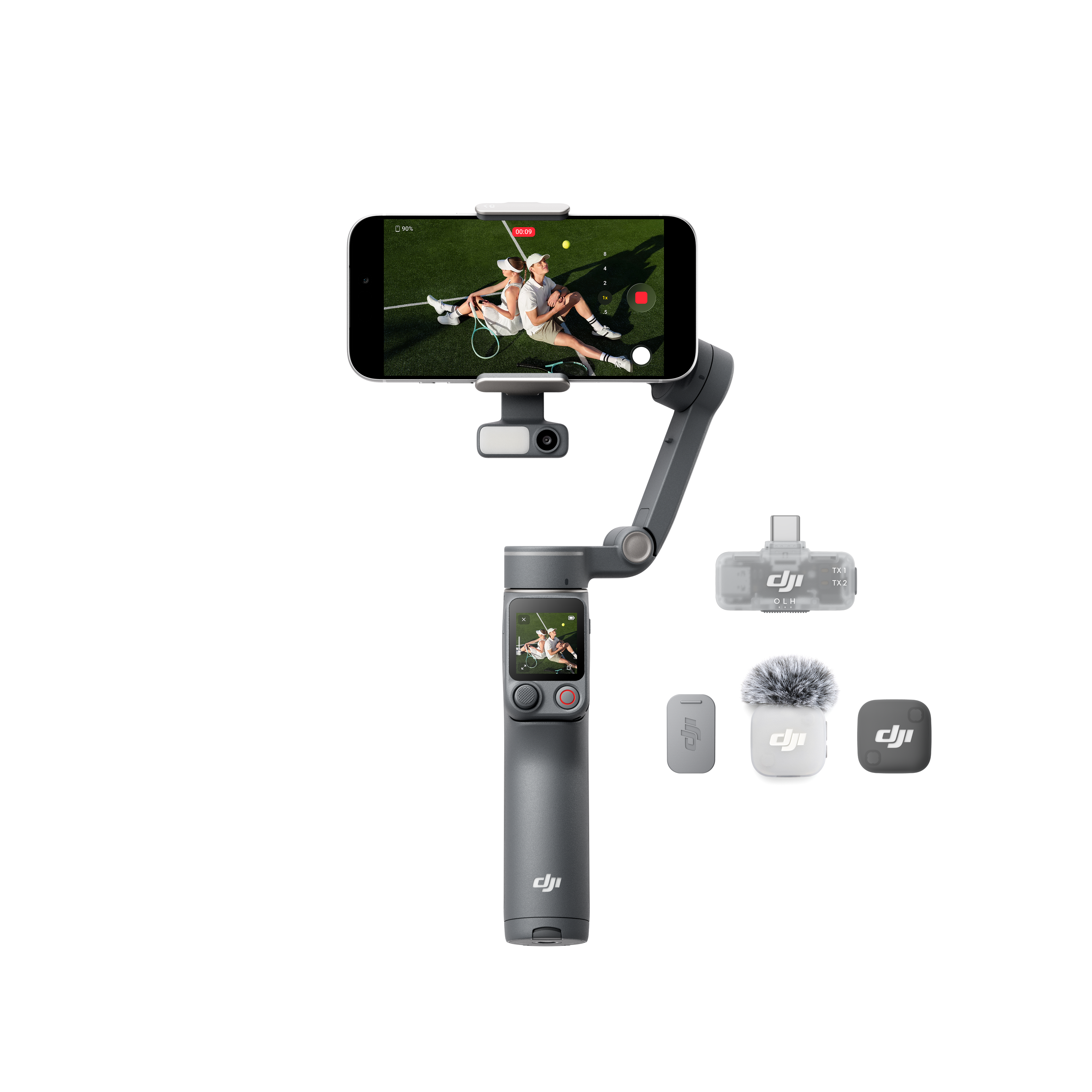 Szürke gimbal telefonnal, mikrofonnal és adóval fekete háttéren.