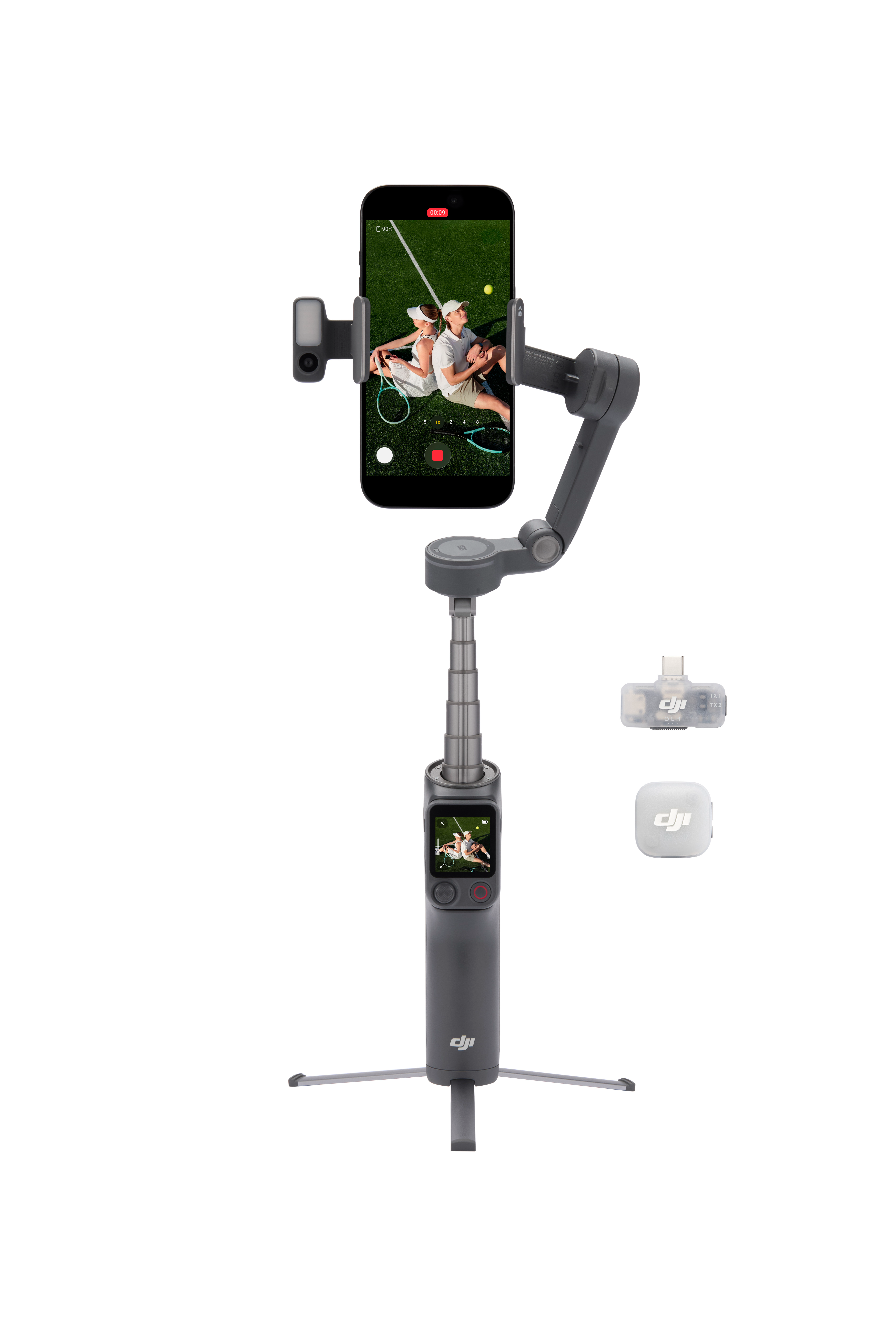 Szürke gimbal okostelefonnal, teniszmeccset mutat. Tartozékok mellette.