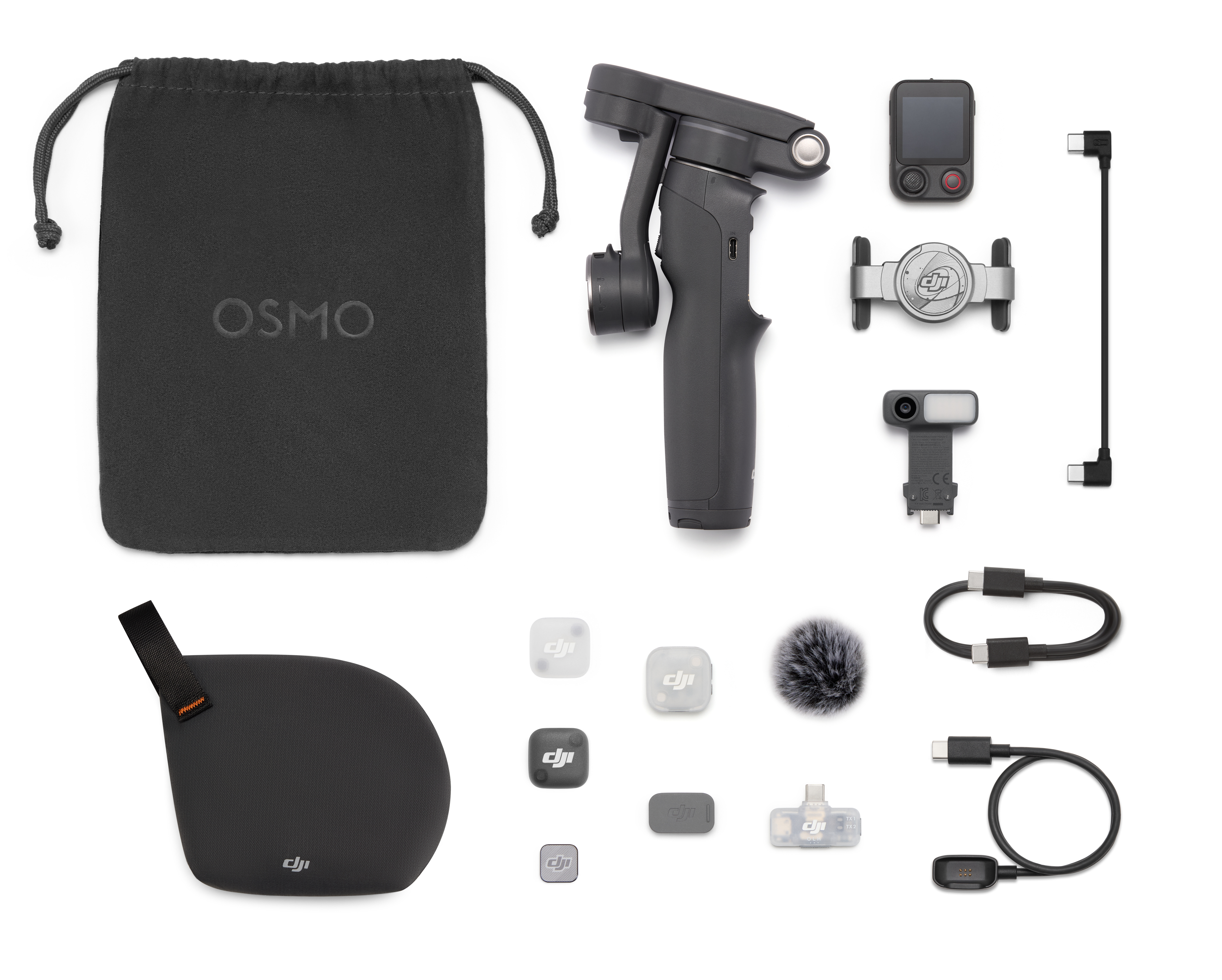 Zestaw stabilizatora kamery DJI Osmo Z-Axis z akcesoriami na białym tle.