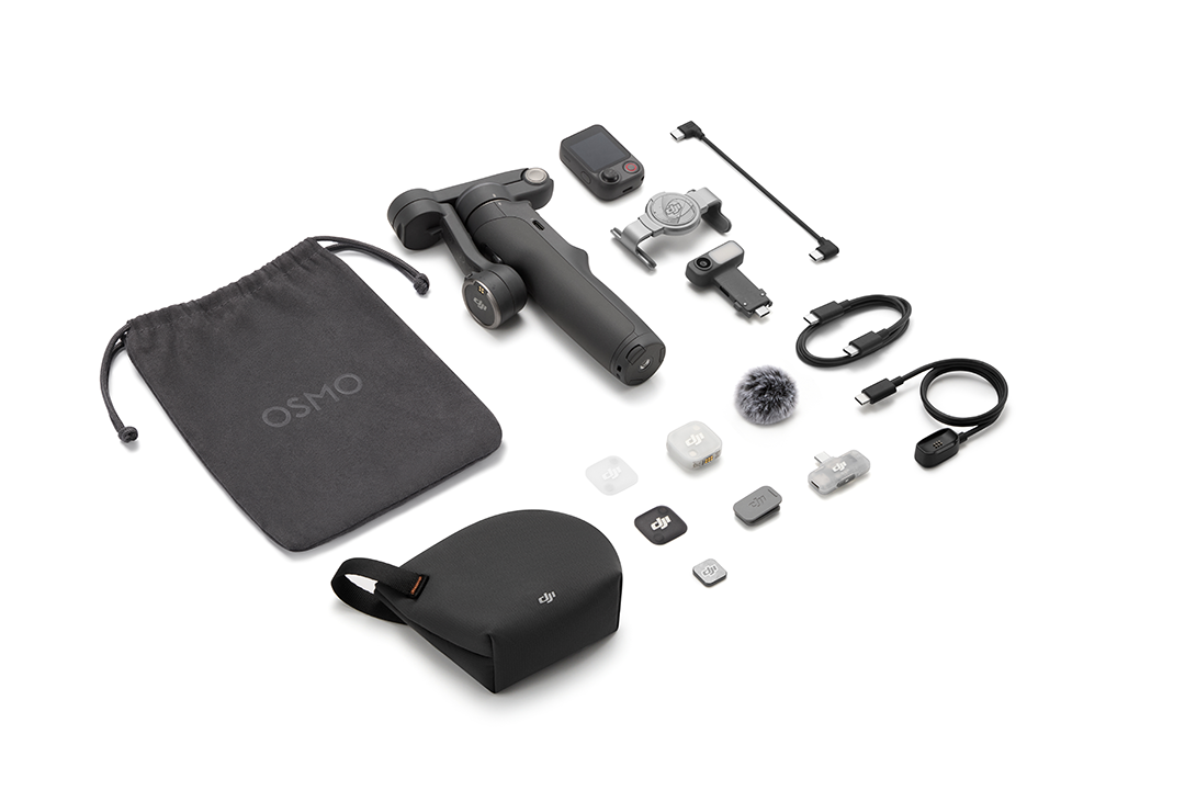 DJI Osmo kiegészítő készlet gimbal, mikrofon, kábelek, tasak és tok.