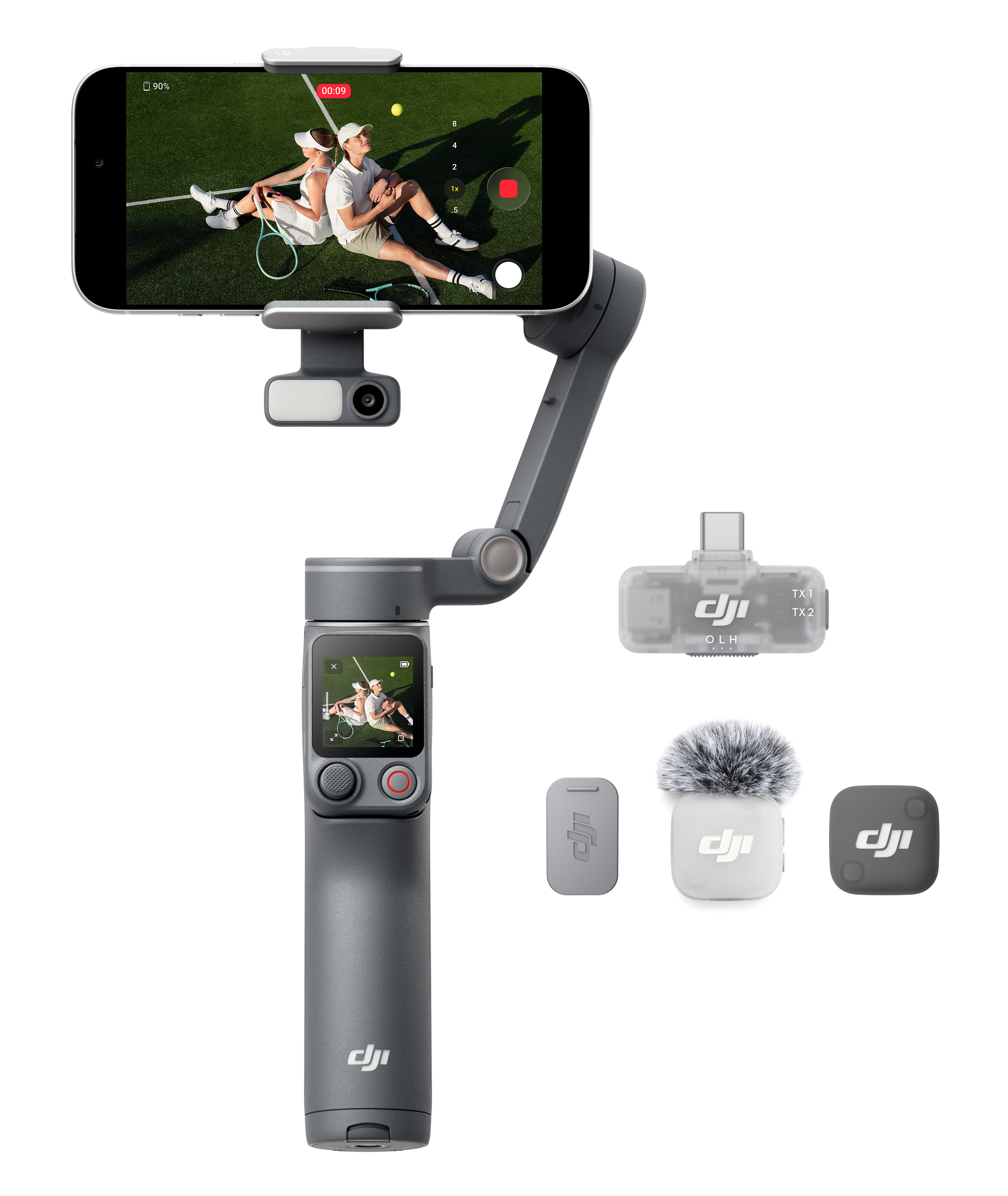 Gimbal ze smartfonem, mikrofonem i nadajnikami na czarnym tle.