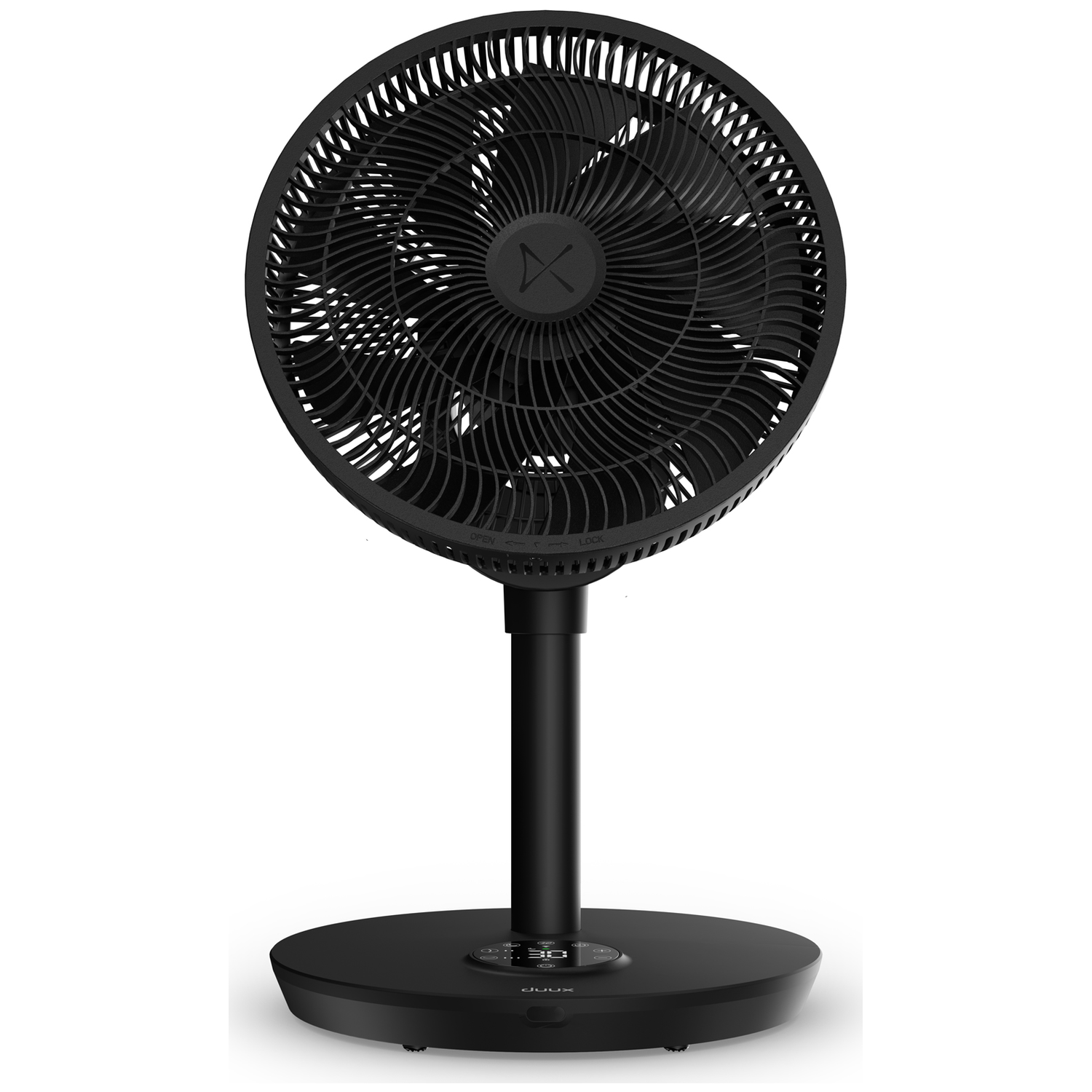 A black standing fan with a round base and digital controls.