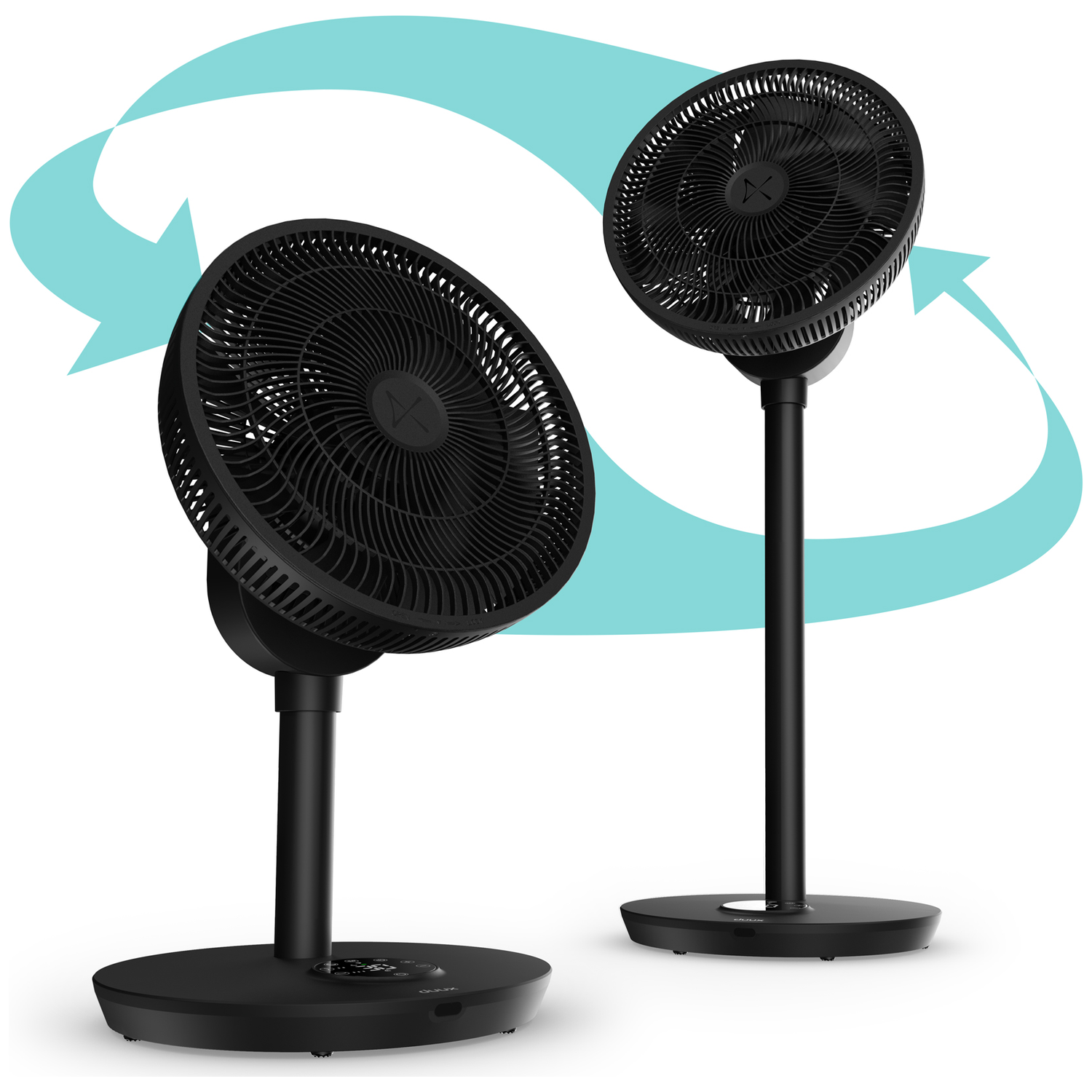 Two black oscillating fans with blue arrows indicating circulation. One fan is closer.