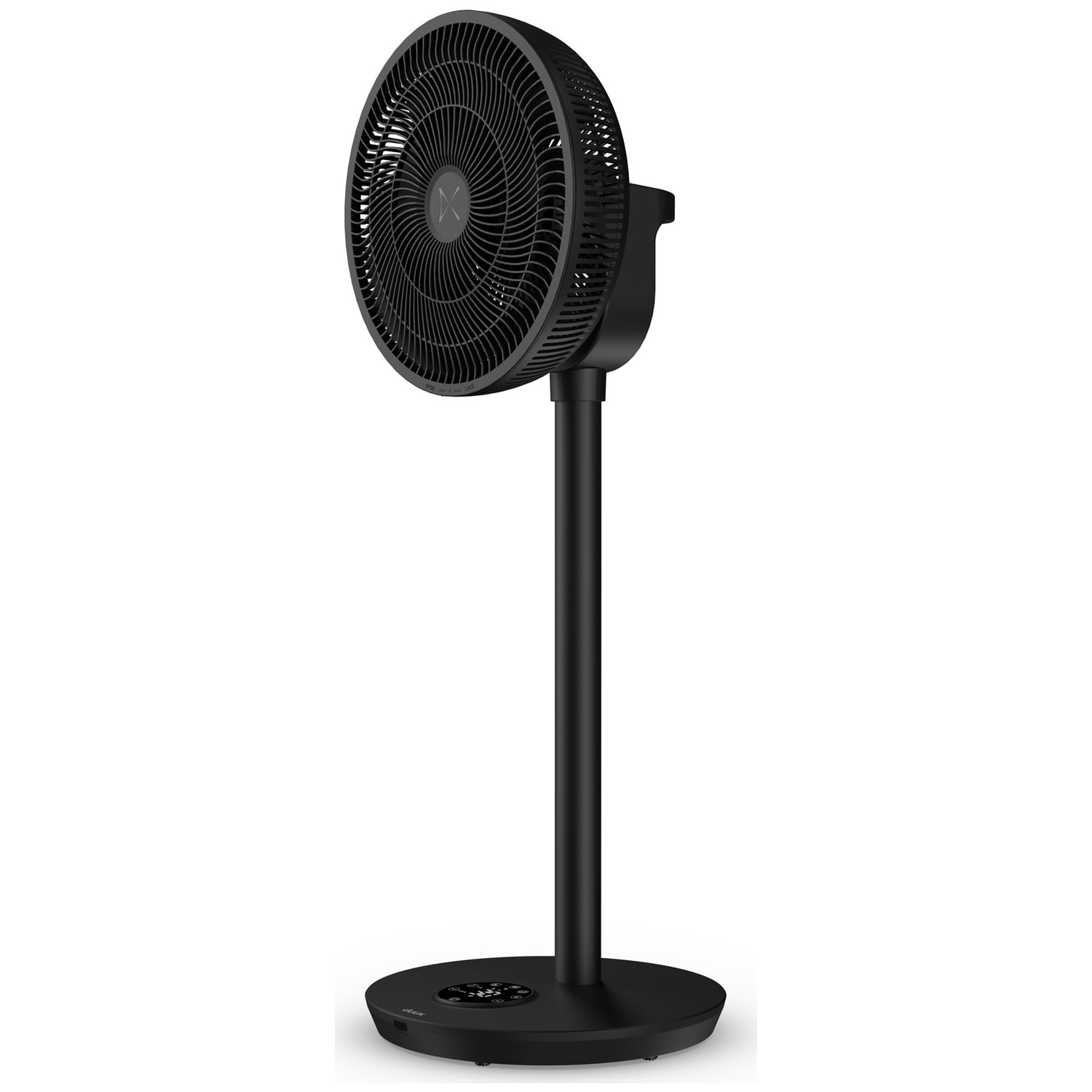 A black standing fan with a round grill and a digital display on its base.