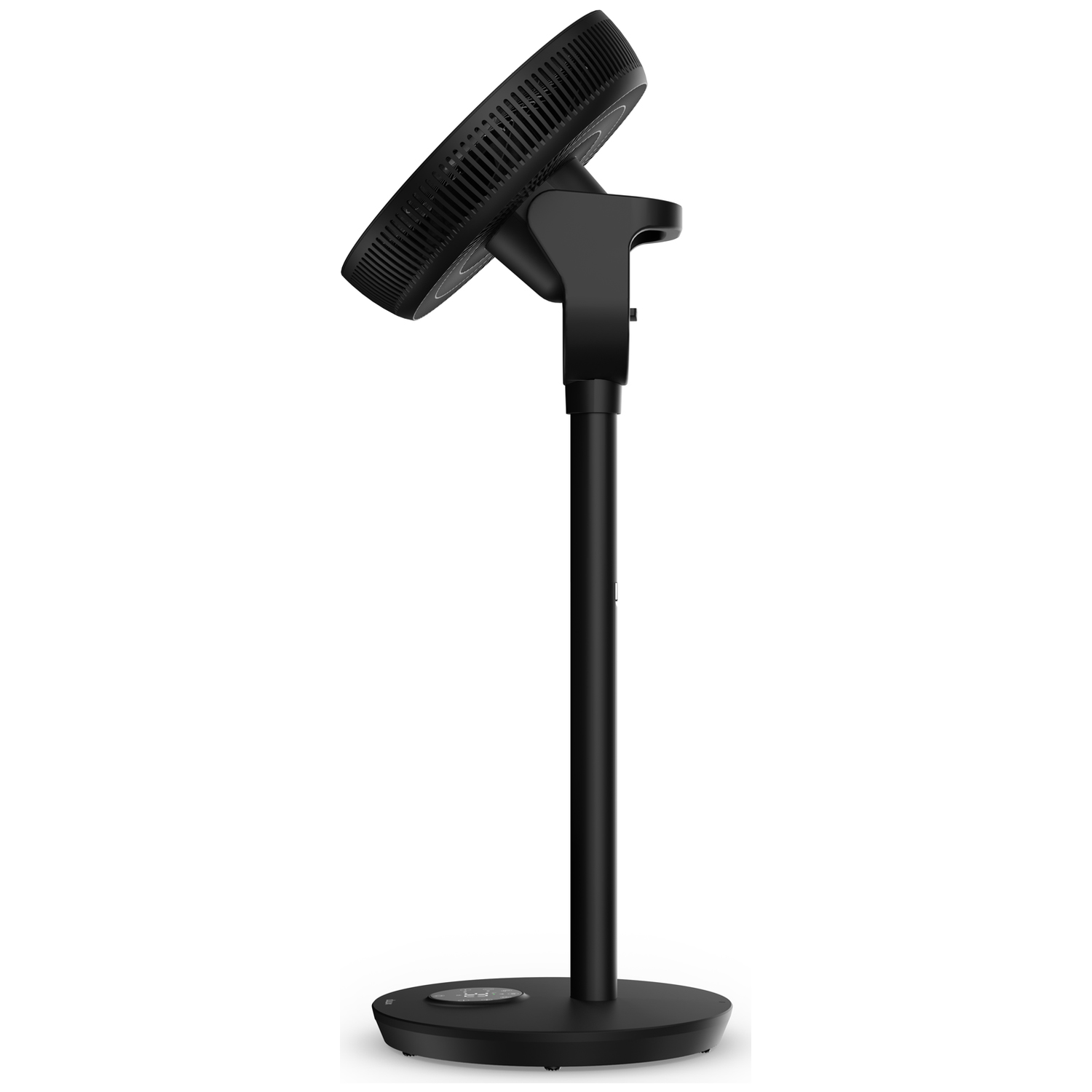 A black standing fan with a round base and adjustable head.