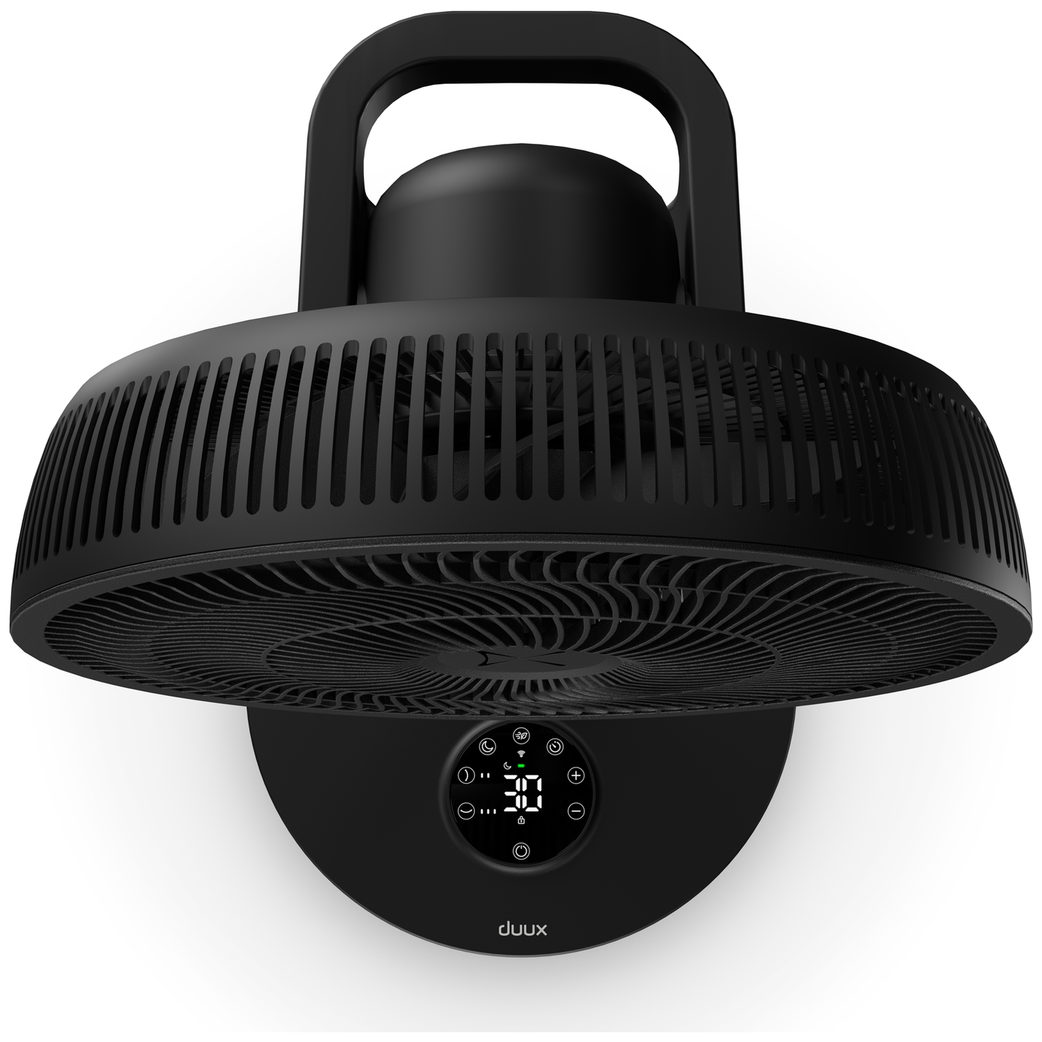 A black fan with a handle and digital display, mounted on a white wall.