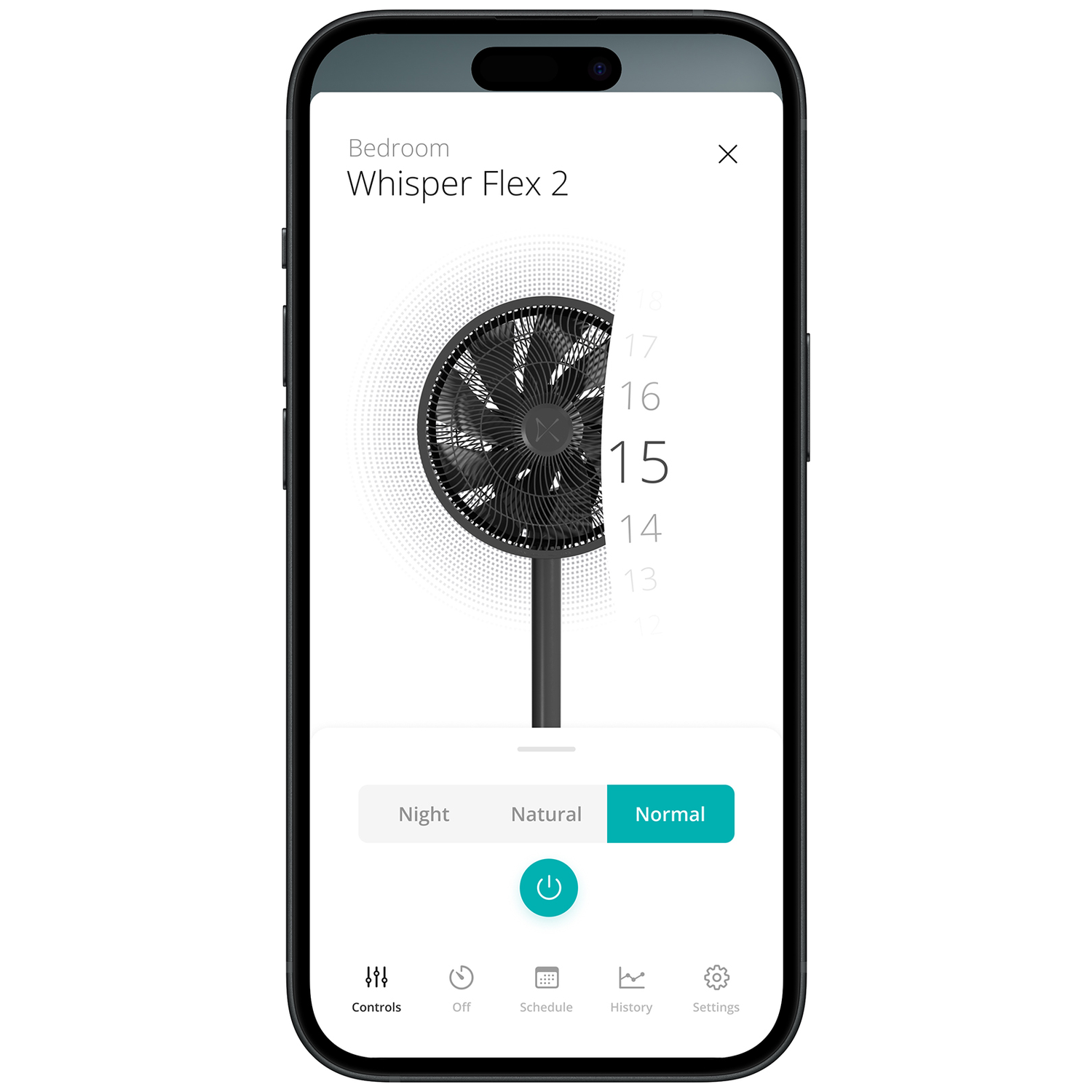 A smartphone app displays a fan at speed 15 with Normal mode selected.